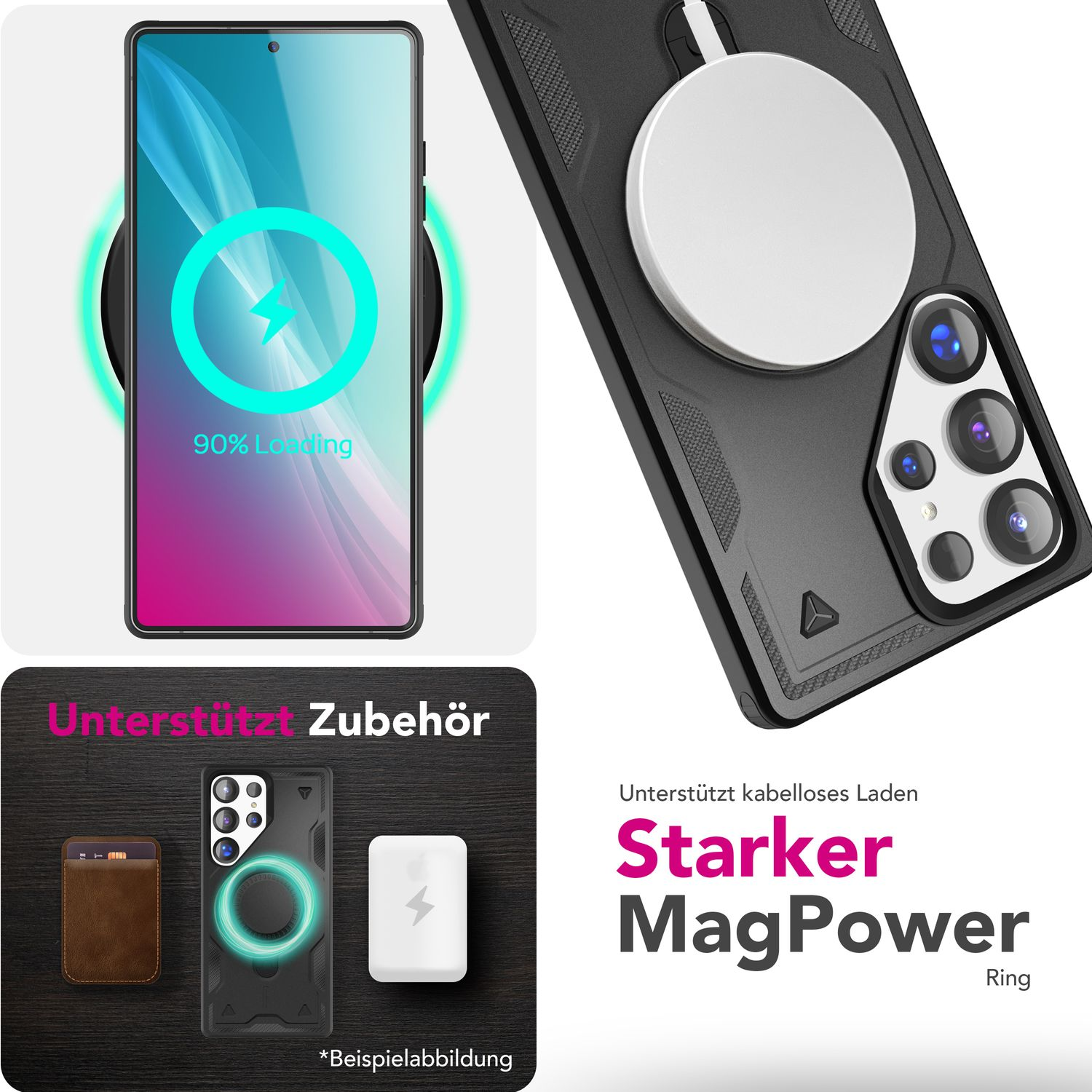 Schwarze Handyhülle mit MagPower-Ring, ein Telefon lädt. Unten links ist ein Telefon abgebildet.