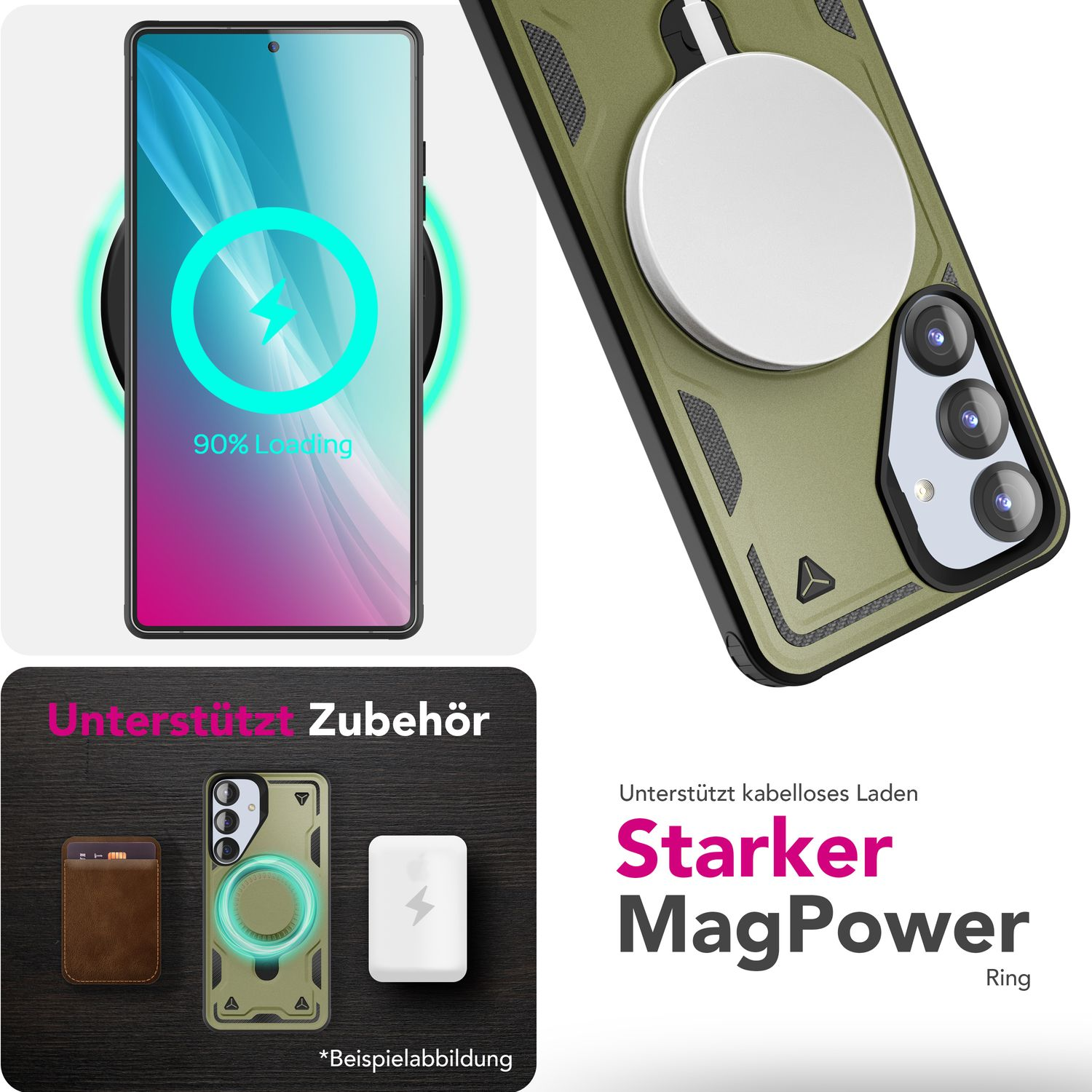 Ein Telefon, das drahtlos geladen wird. Zubehör daneben. Text sagt 'Starker MagPower Ring'.