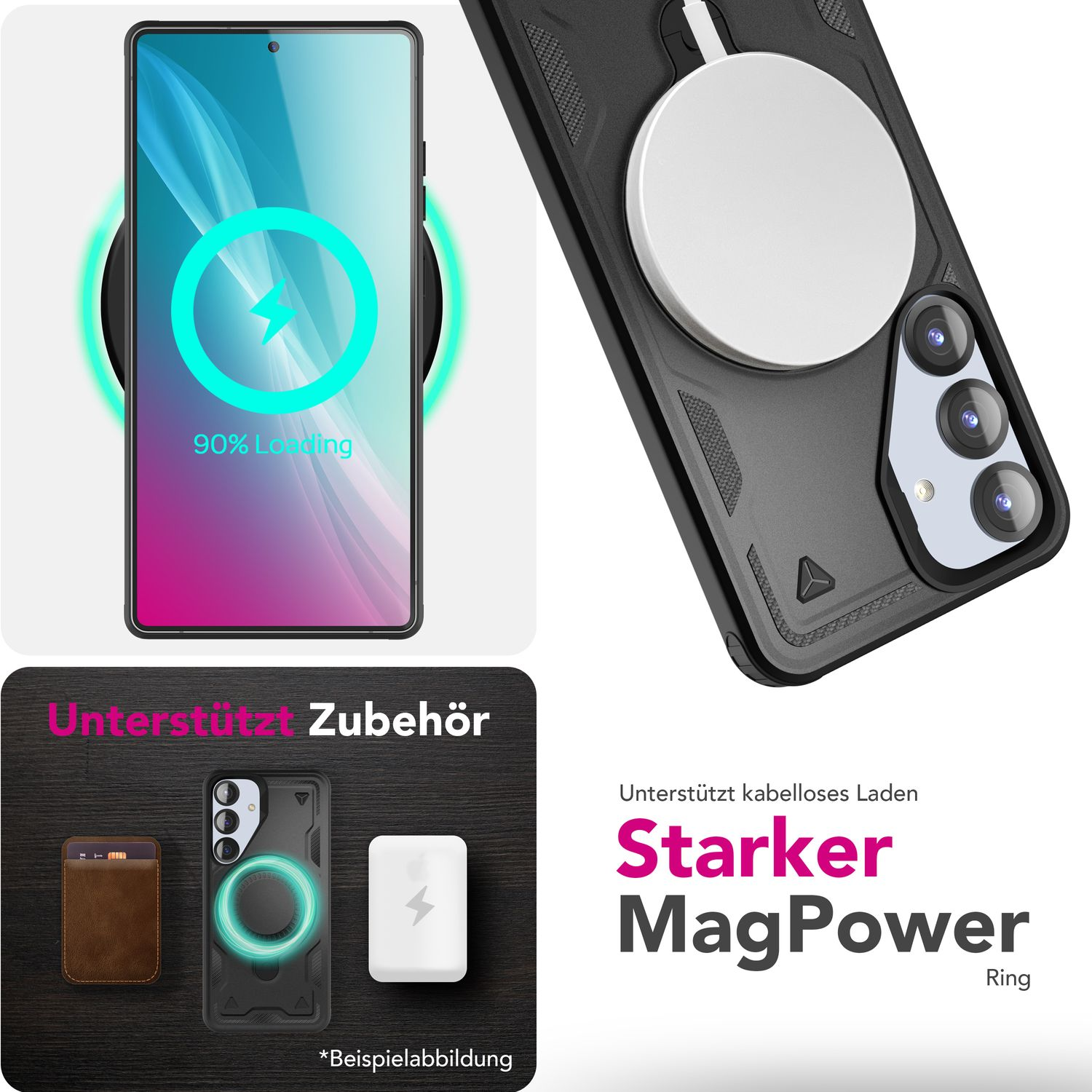 Telefon mit Hülle und kabellosem Laden. Unterstützendes Zubehör wird gezeigt.
