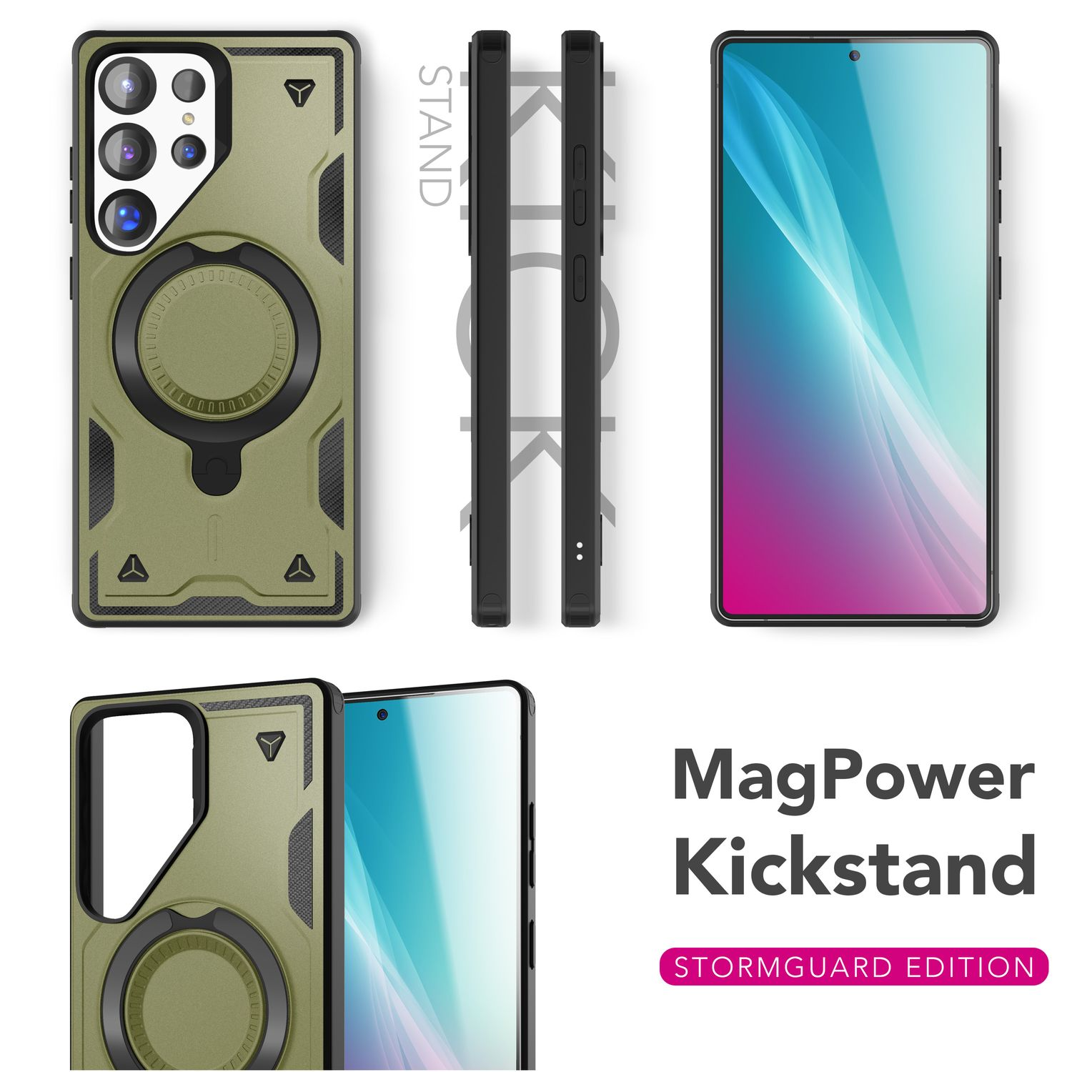 Grüne Handyhülle mit Ständer und Magnetring für ein Smartphone.