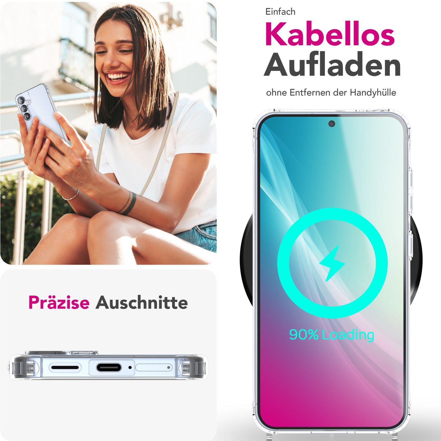 Frau, die ein kabellos geladenes Telefon benutzt, mit Ladeanzeige.