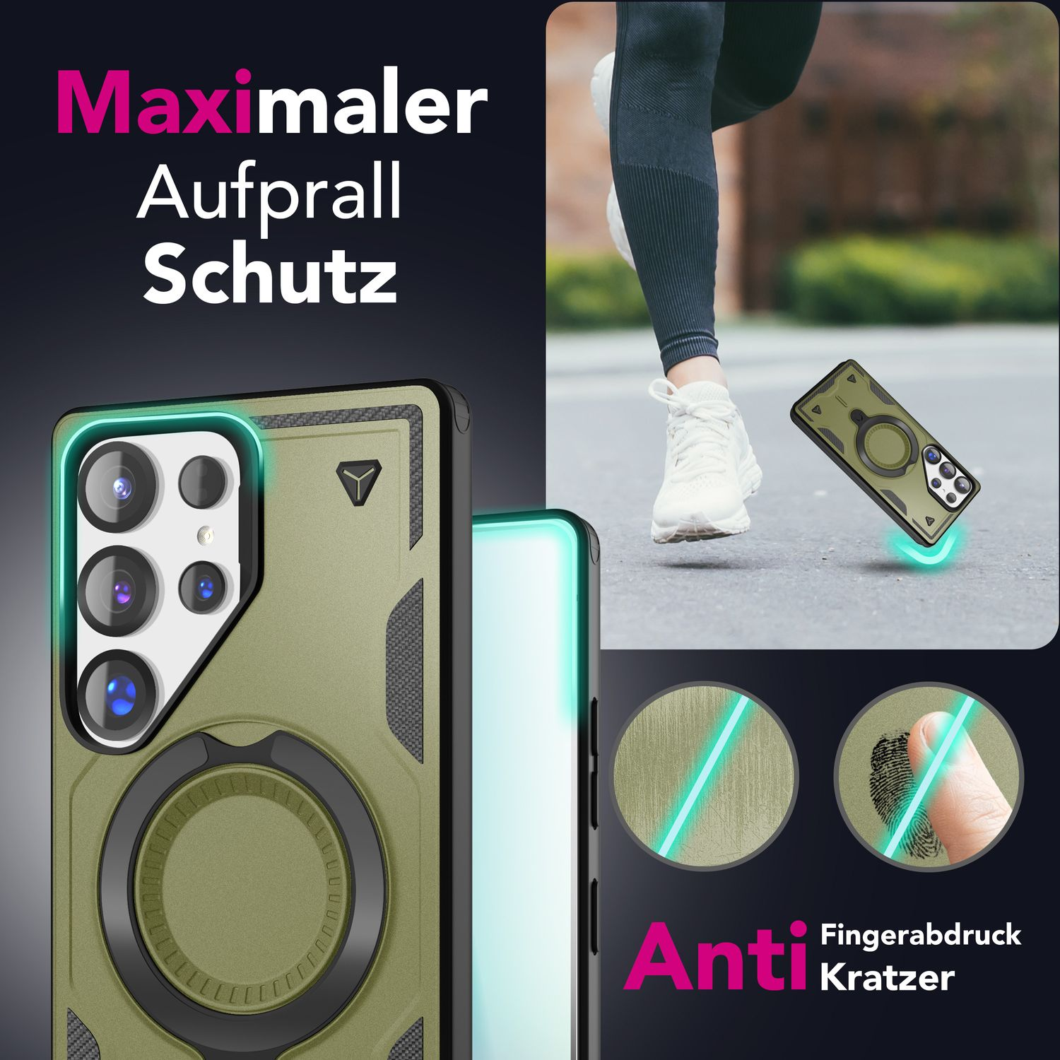 Eine Handyhülle mit Ring und ein Bein einer Person im Hintergrund beim Gehen.