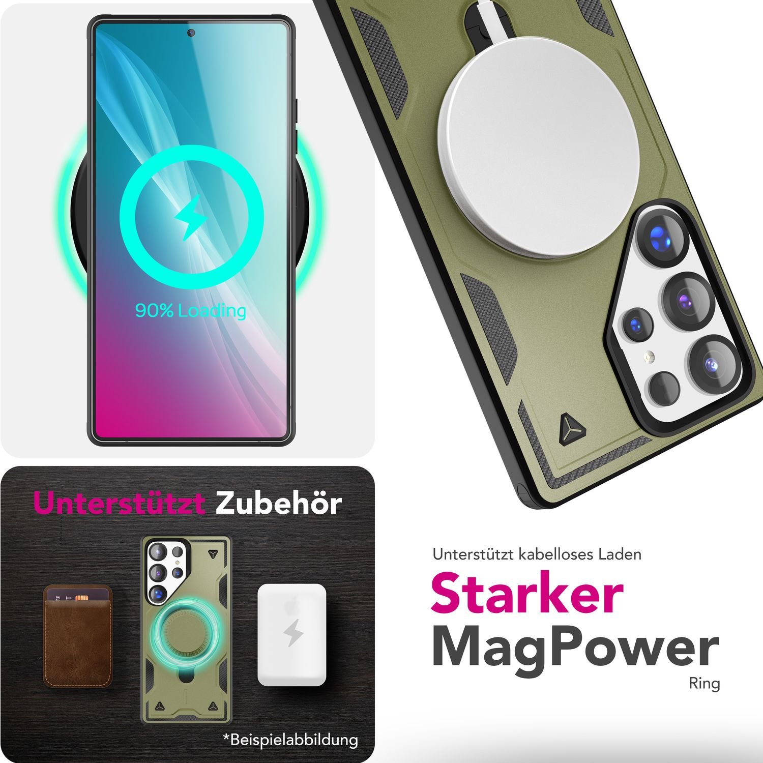 Kabelloses Aufladen eines Telefons, unterstütztes Zubehör und ein MagPower-Ring werden angezeigt. Text auf Deutsch.