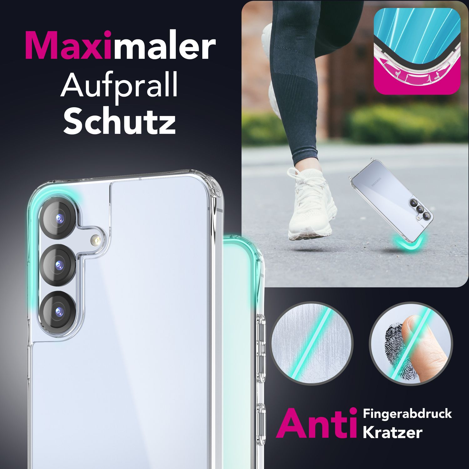 Eine Handyhülle mit einem Telefon darin. Das Gehäuse ist transparent. Es gibt einige Details auf dem Telefon.