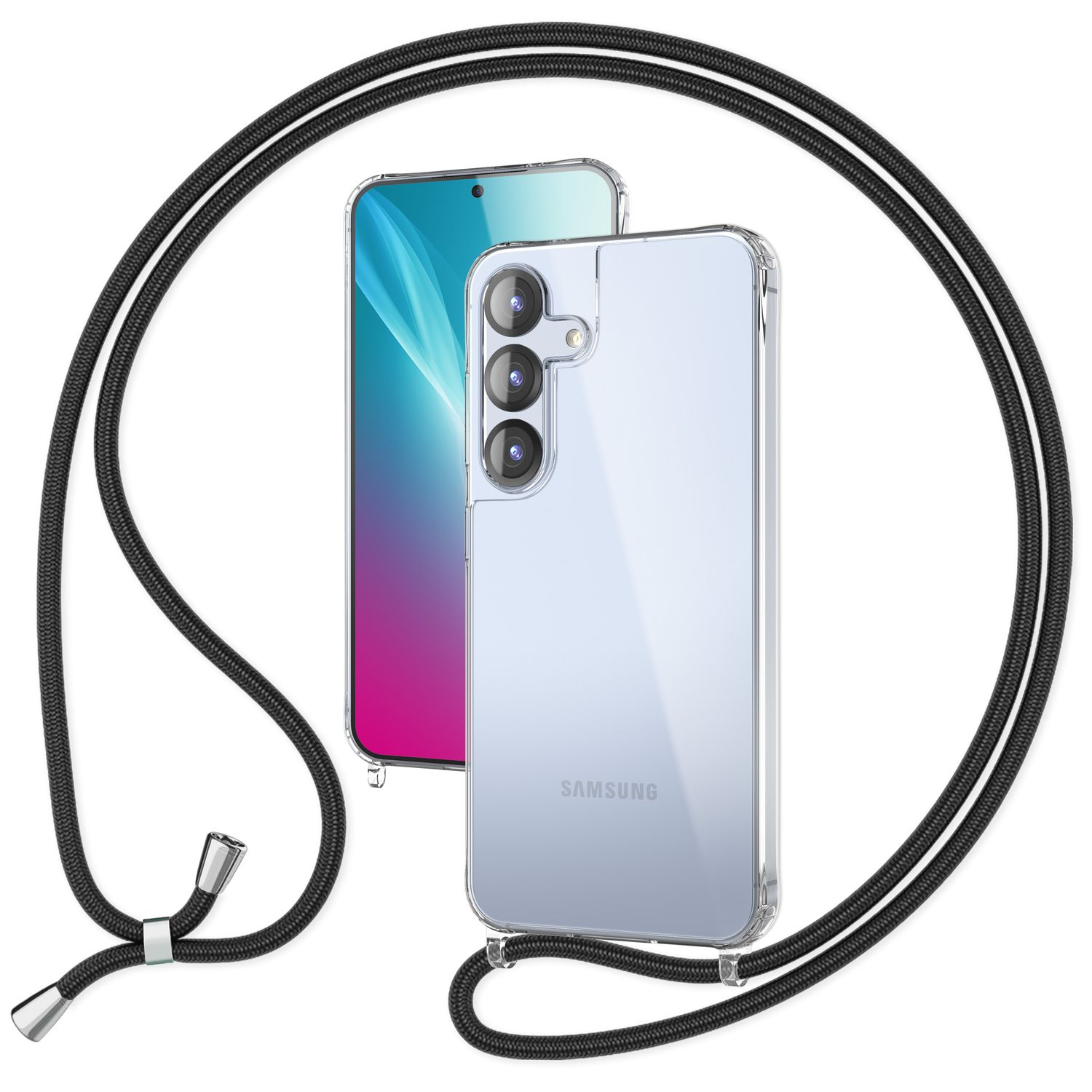 Ein Telefon und eine Hülle mit einem Umhängeband. Das Telefon ist blau und die Hülle ist transparent.