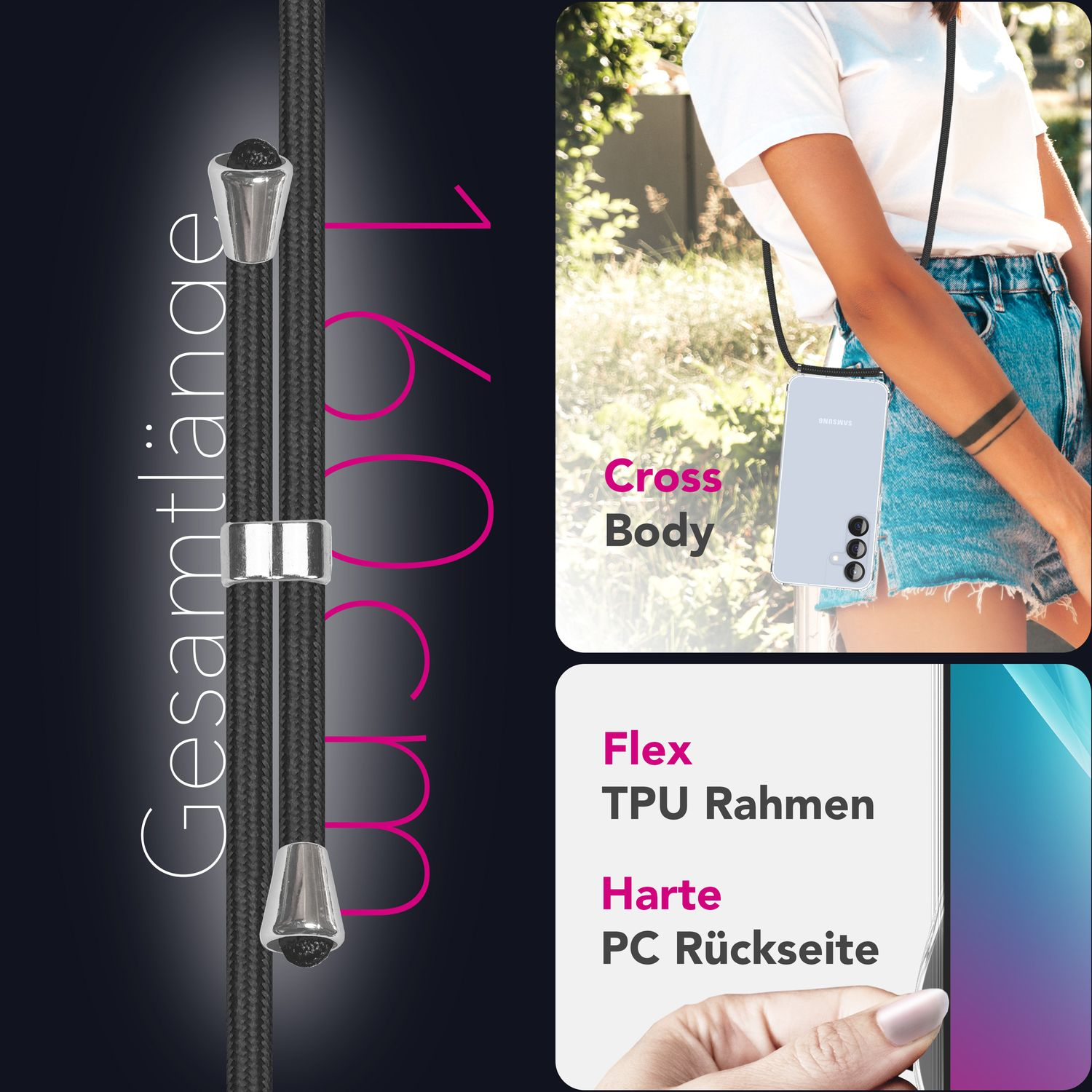 Eine schwarze Handyhülle mit Lanyard, mit einer Frau, die ein Telefon und ein Kabel hält.