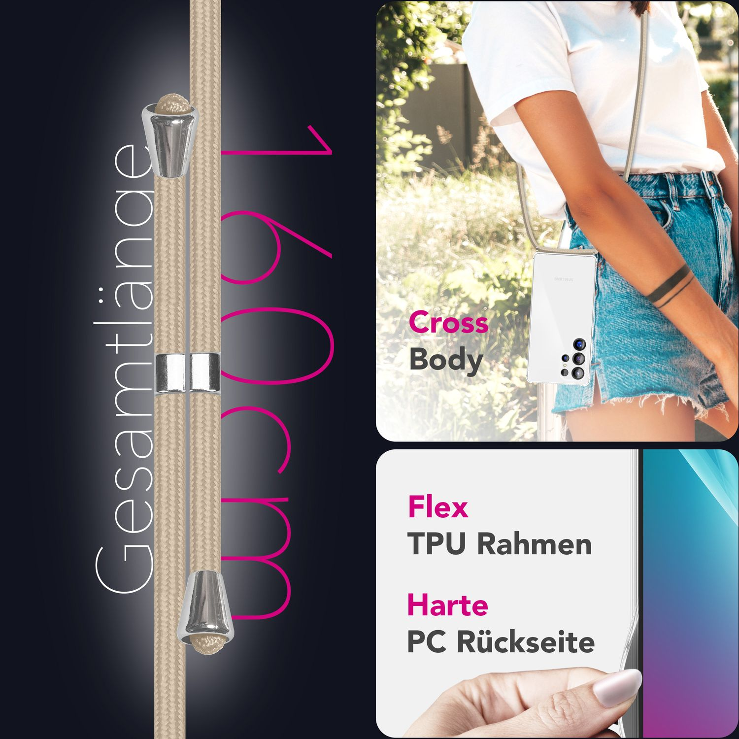 Telefon mit Umhängeband und Hülle und Text. Die Hülle ist weiß. Der Hintergrund ist dunkel.