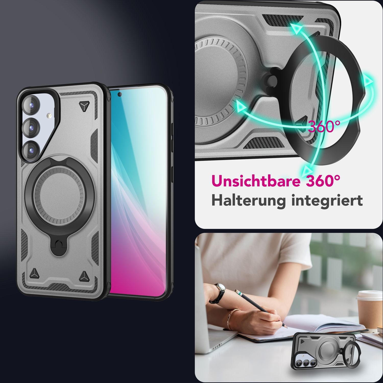 Handyhülle mit Ringhalterung und eine Person benutzt das Telefon. Grau-weißer Hintergrund.