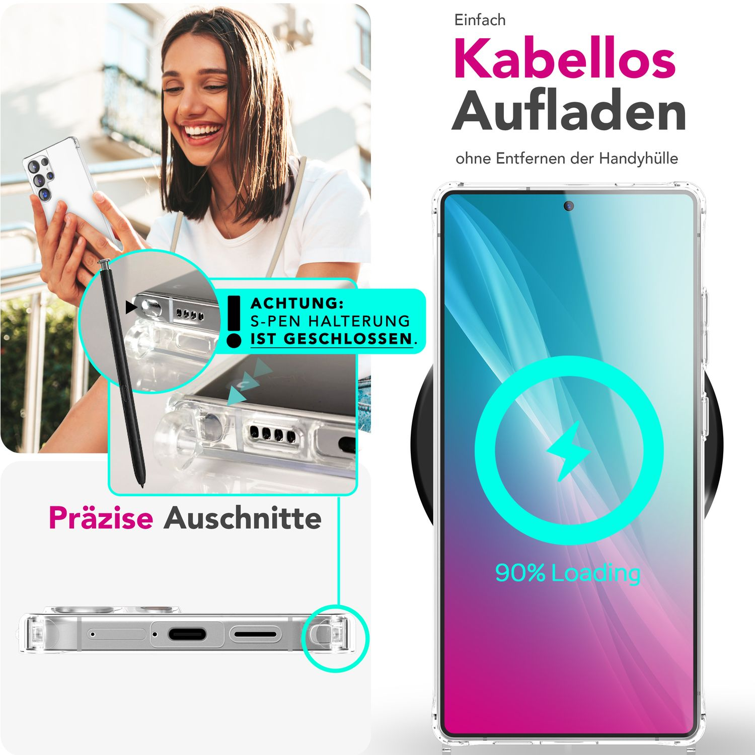 Eine Frau hält ein Telefon in einer durchsichtigen Hülle. Das Telefon zeigt einen Ladebildschirm.