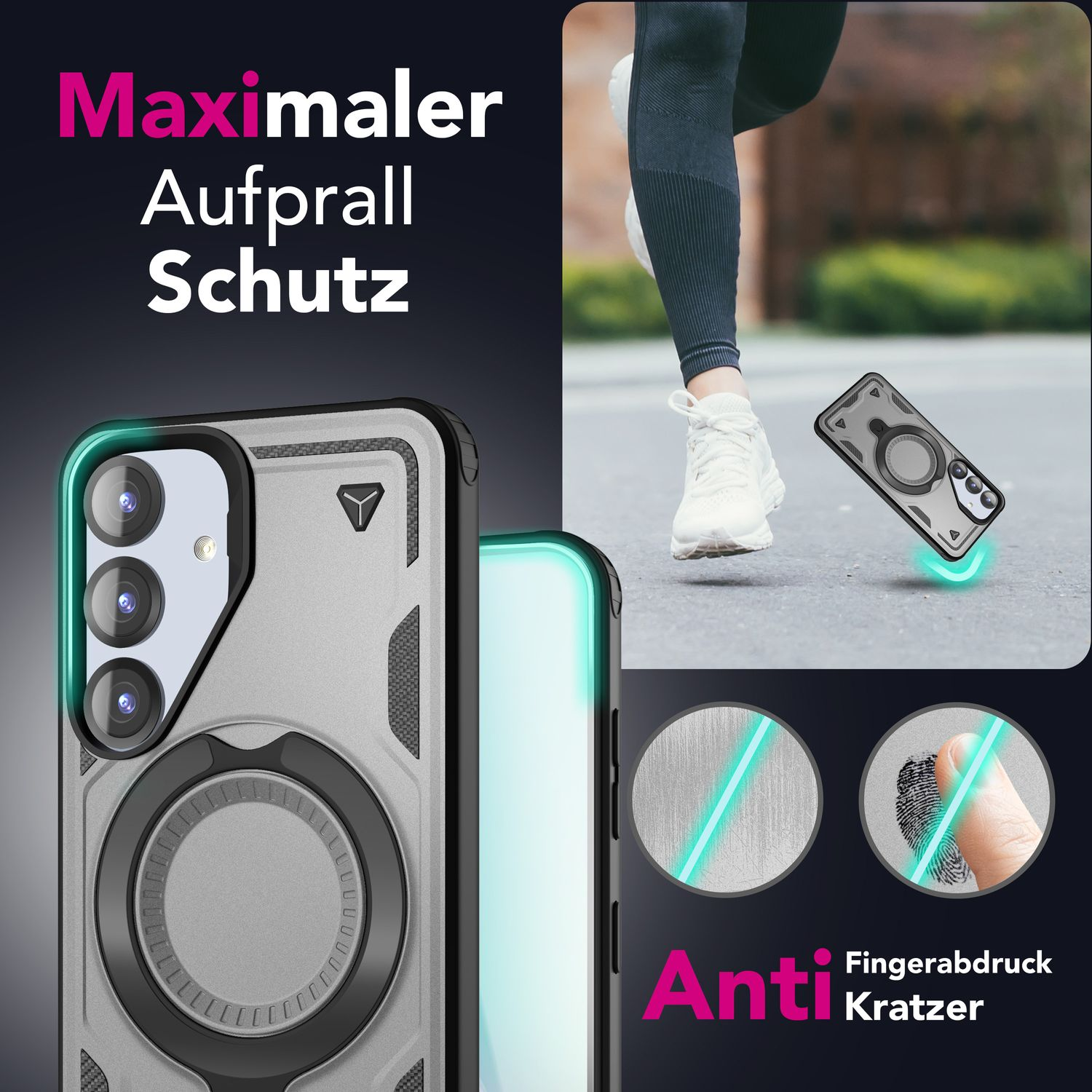 Handyhülle mit grauem Rücken, schwarzem Ring und weißem Hintergrund. Text: „Maximaler Aufprall Schutz“.