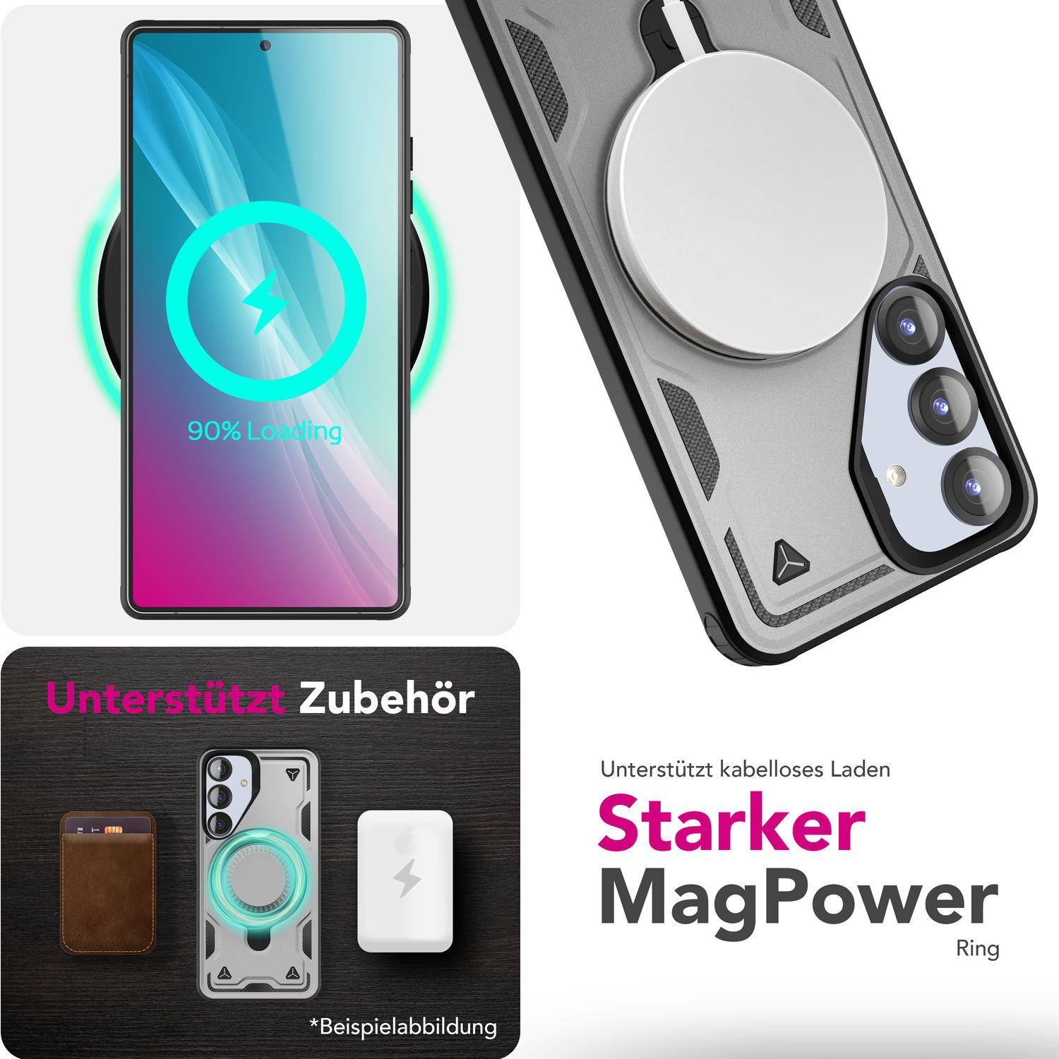 Kabelloses Ladegerät mit Telefon und Zubehör. Enthält Telefon, Ladepad und Kartenhalter.