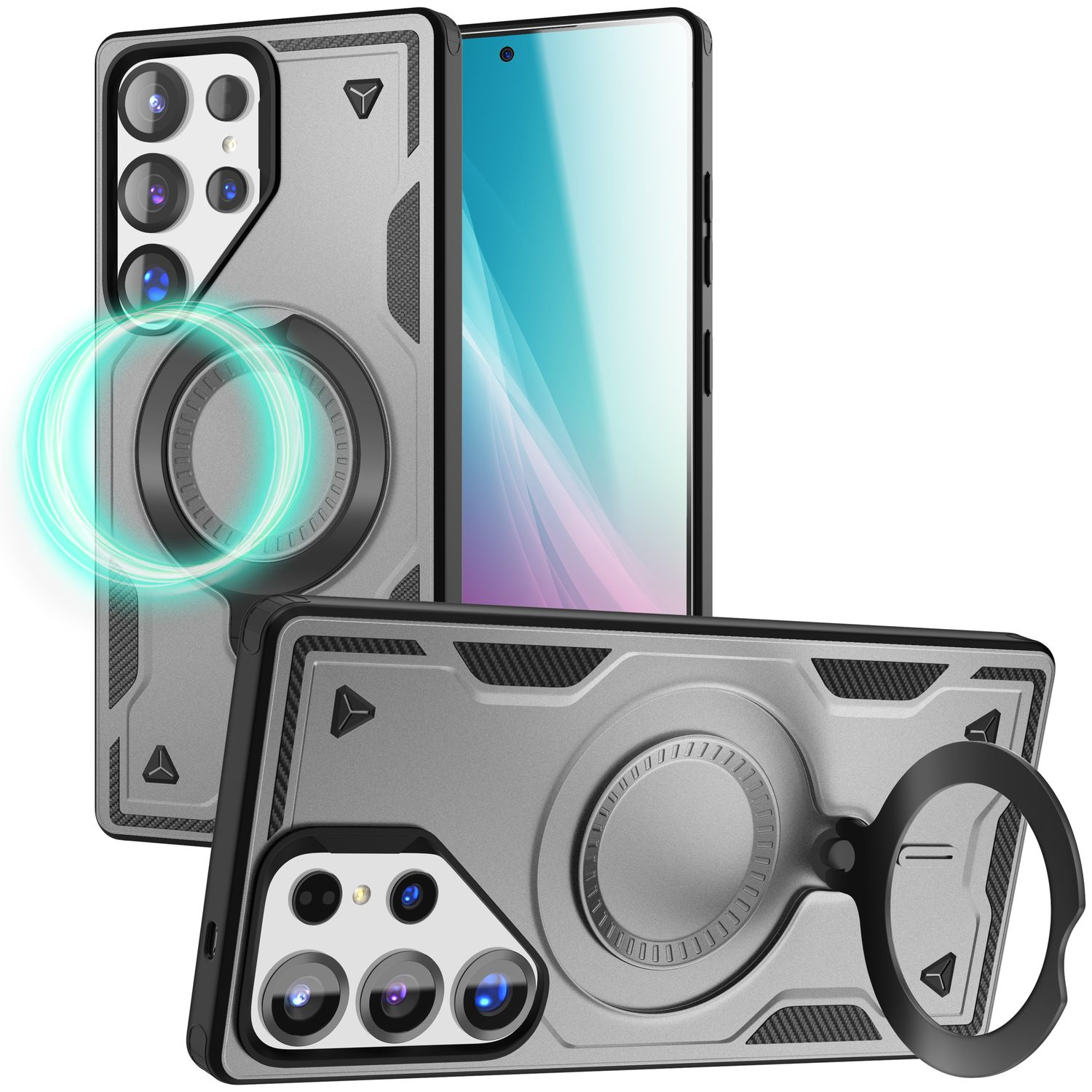 Drei Telefone mit Hüllen. Die Hüllen sind grau und schwarz, mit einem Ring auf der Rückseite. Licht scheint auf den Ring.
