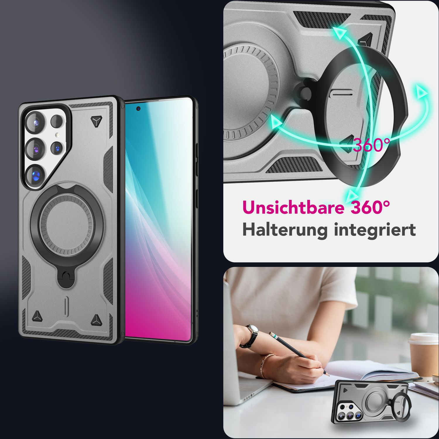Handyhülle mit einem 360-Grad-Drehring und eine Person, die das Telefon benutzt.