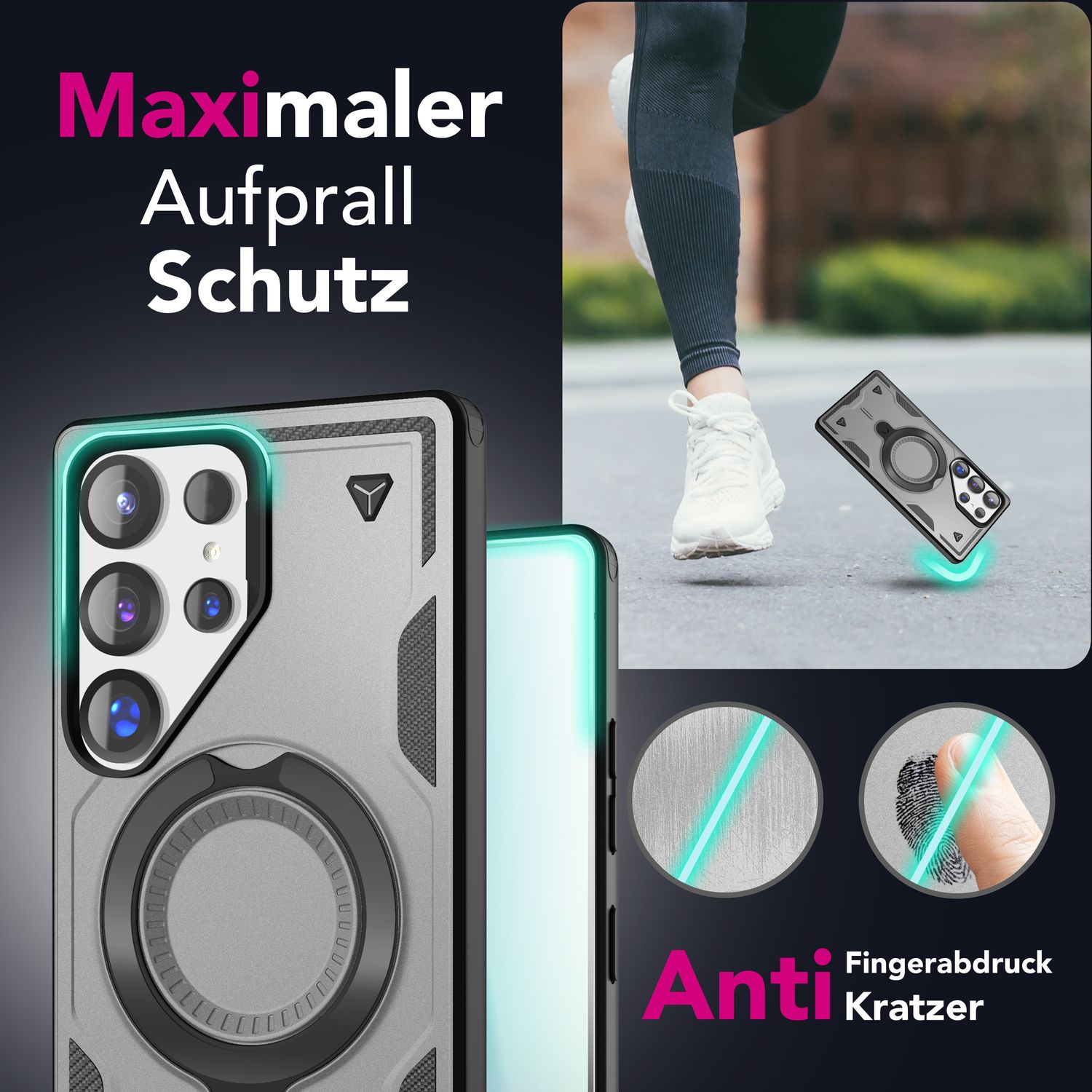 Handyhülle mit Telefon, Beine einer Person, Text: Anti-Fingerabdruck, und Kratzer.