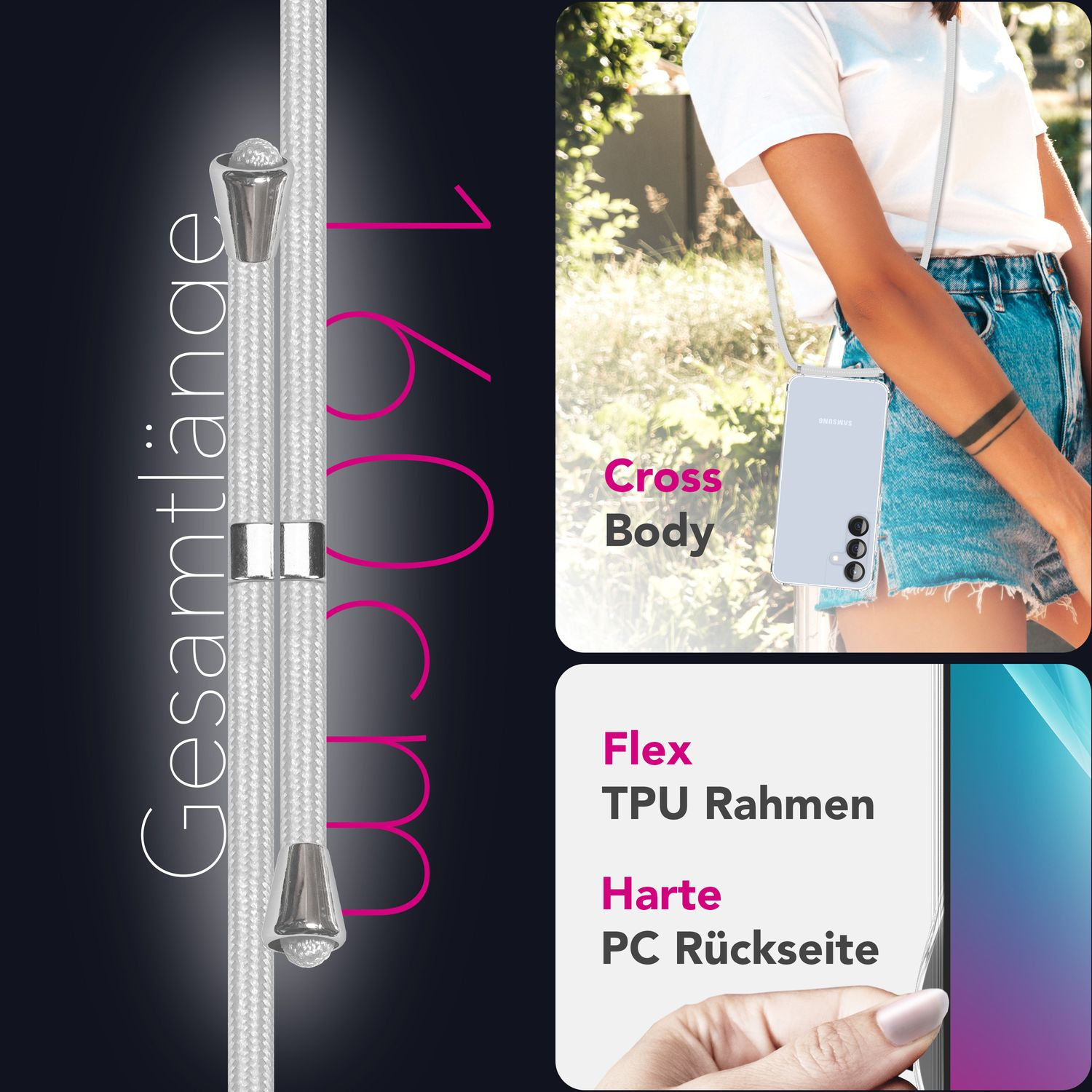Frau, die eine Handyhülle als Crossbody trägt. Weißes Seil, Telefon mit Kamera. Schwarzer Hintergrund.