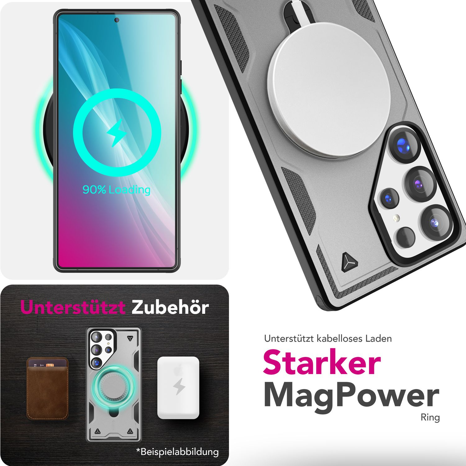 Handyhülle mit ladendem Telefon. Text: MagPower Ring, unterstützt kabelloses Laden und Zubehör.