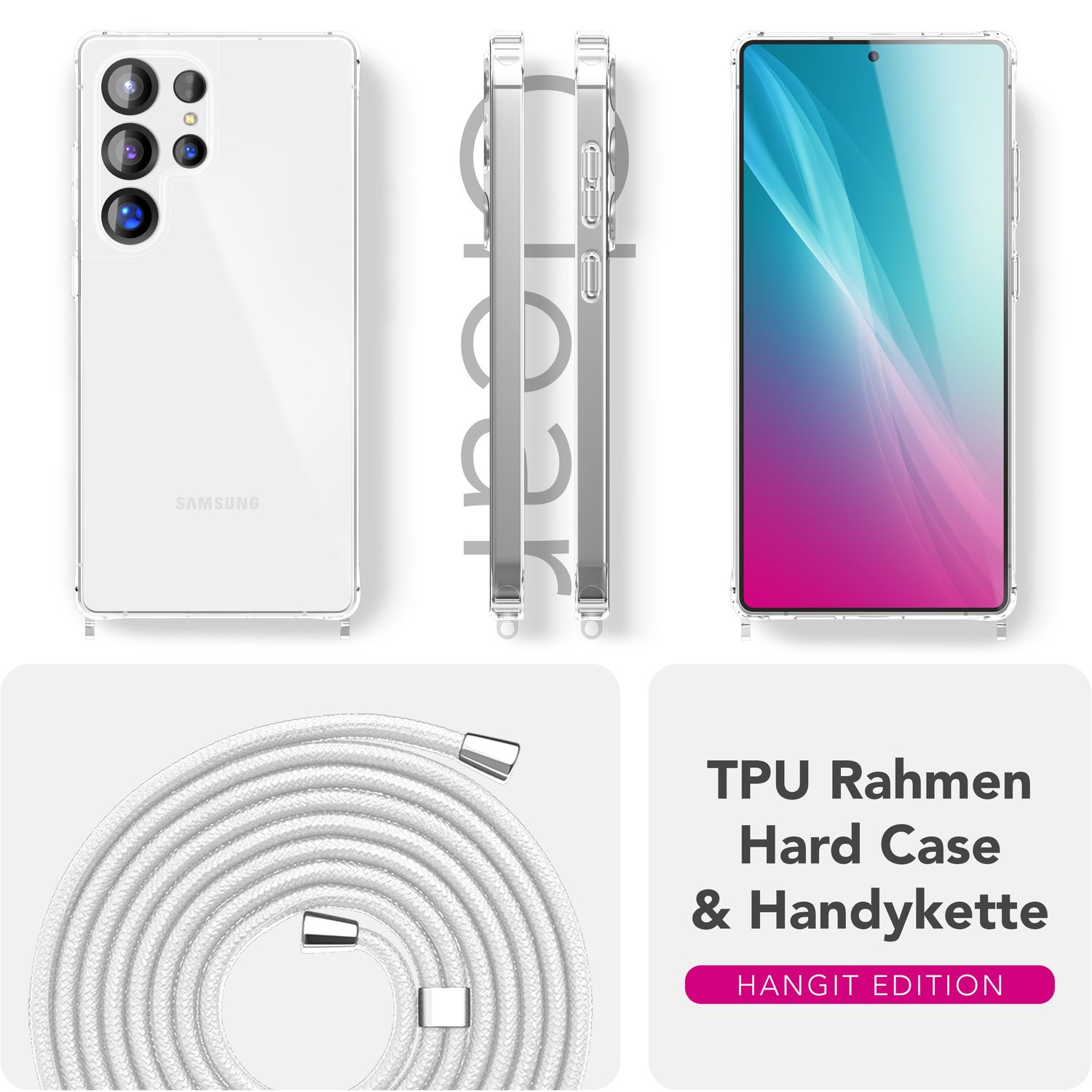 Telefon und transparente Handyhüllen mit weißem Kabel. Text: TPU Rahmen Hard Case.