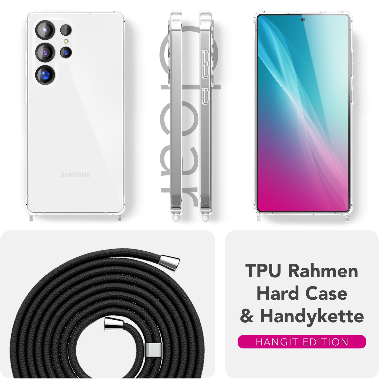 Ein Telefon mit transparenter Hülle, schwarzem Kabel und TPU-Rahmen. Es zeigt Rückseite, Seitenansicht und Frontansicht.