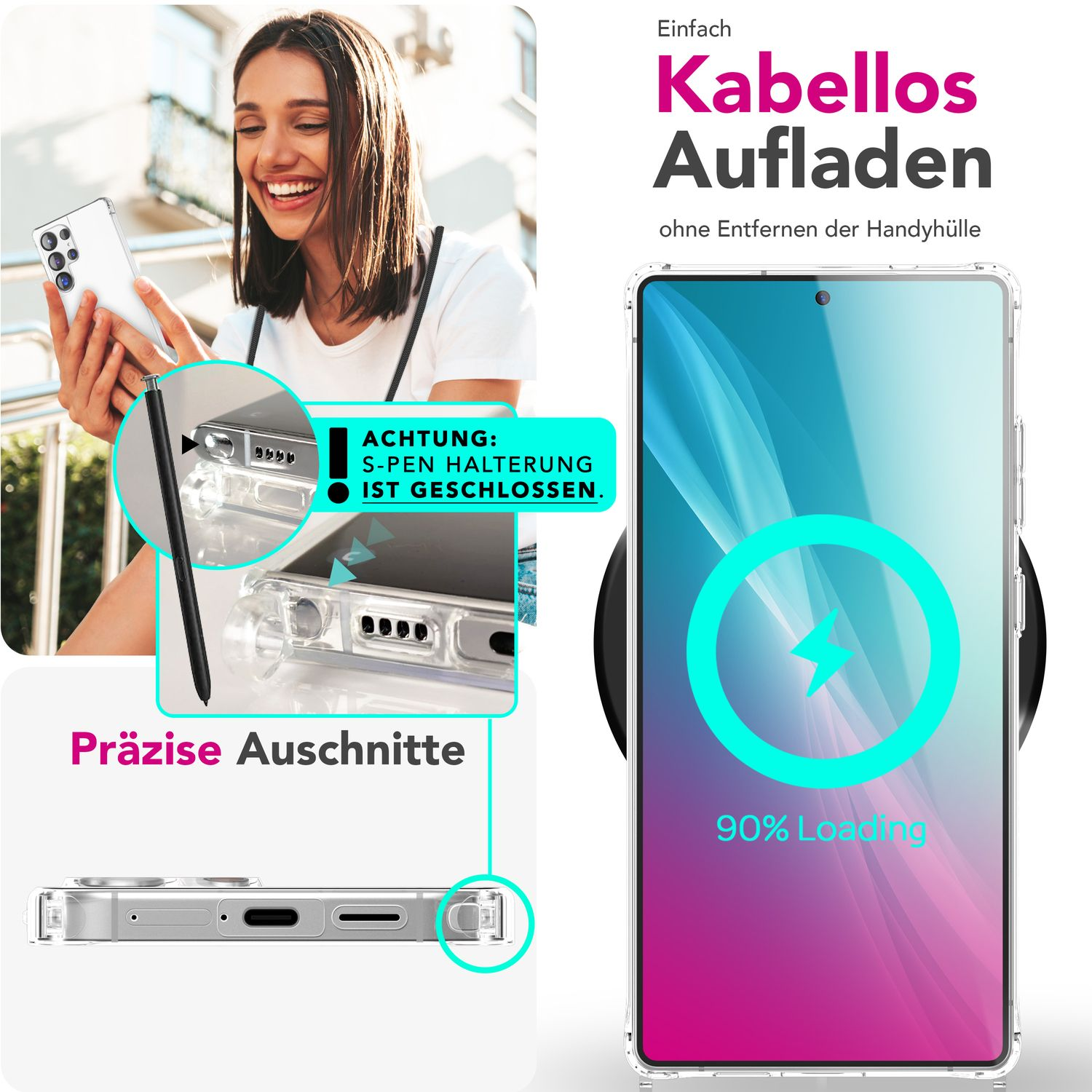 Frau, die ein kabellos geladenes Telefon benutzt, mit Ladeanzeige und S-Pen.
