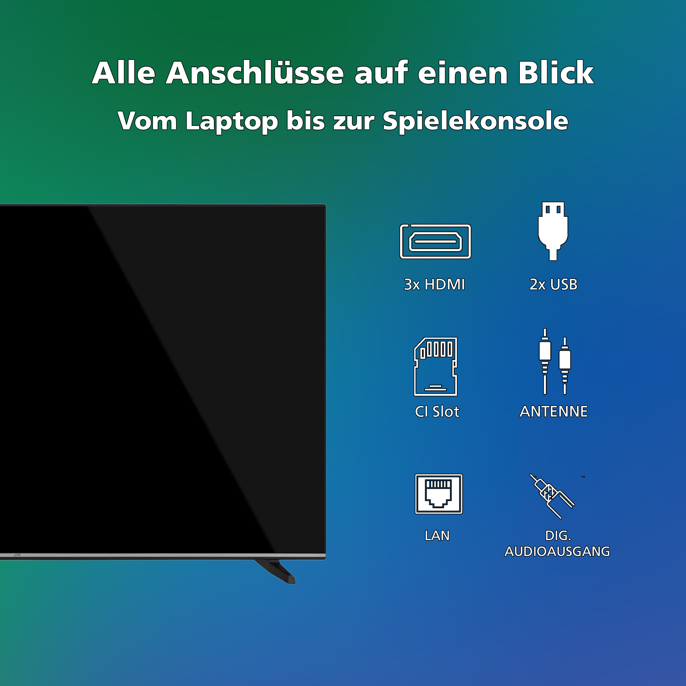 TV-Bildschirm mit mehreren Anschlüssen: HDMI, USB, CI-Slot, Antenne, LAN und Audioausgang. Alle weißen Symbole.