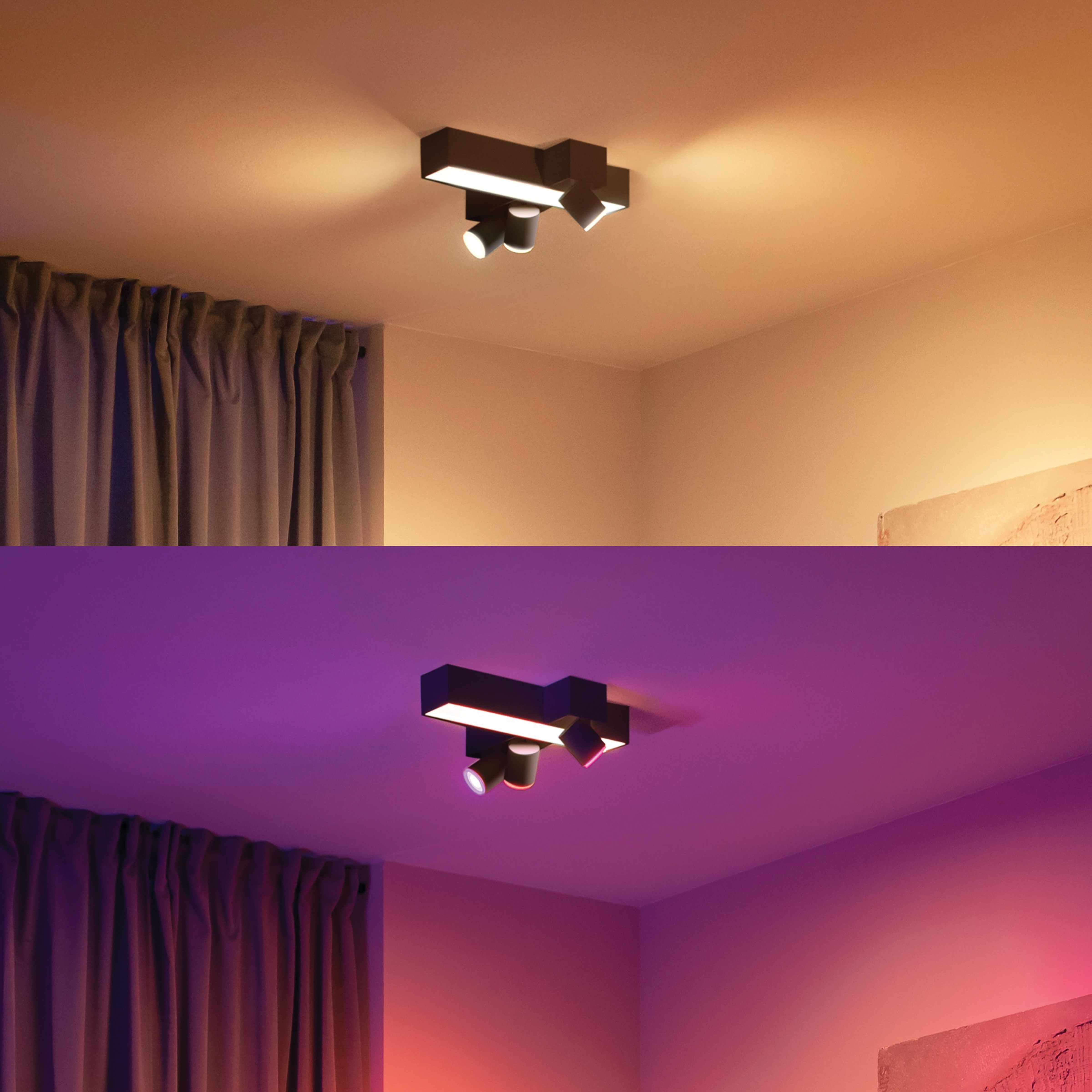 Plafondlampen in twee scènes. Eén met warm licht, de andere met paars licht.
