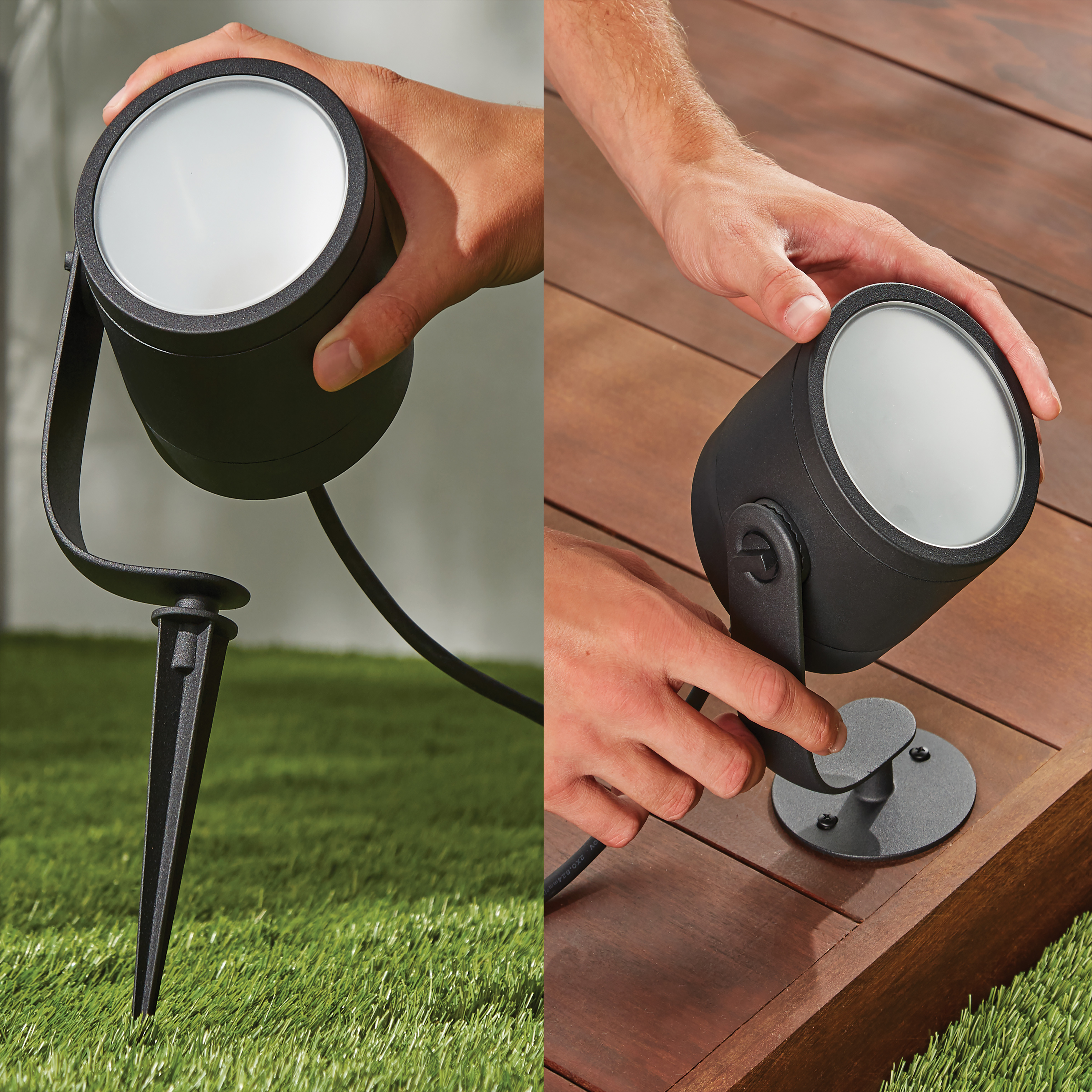 Dwa czarne reflektory, jeden z kołkiem, drugi z podstawą. Oba trzymane są w dłoniach, na zielonej trawie i drewnie.