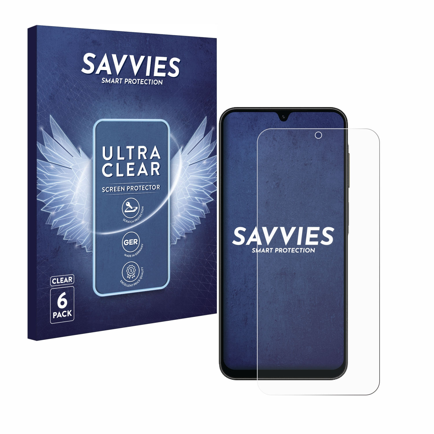 Schutzfolienbox mit Telefonillustration und klarer Schutzfolie.
