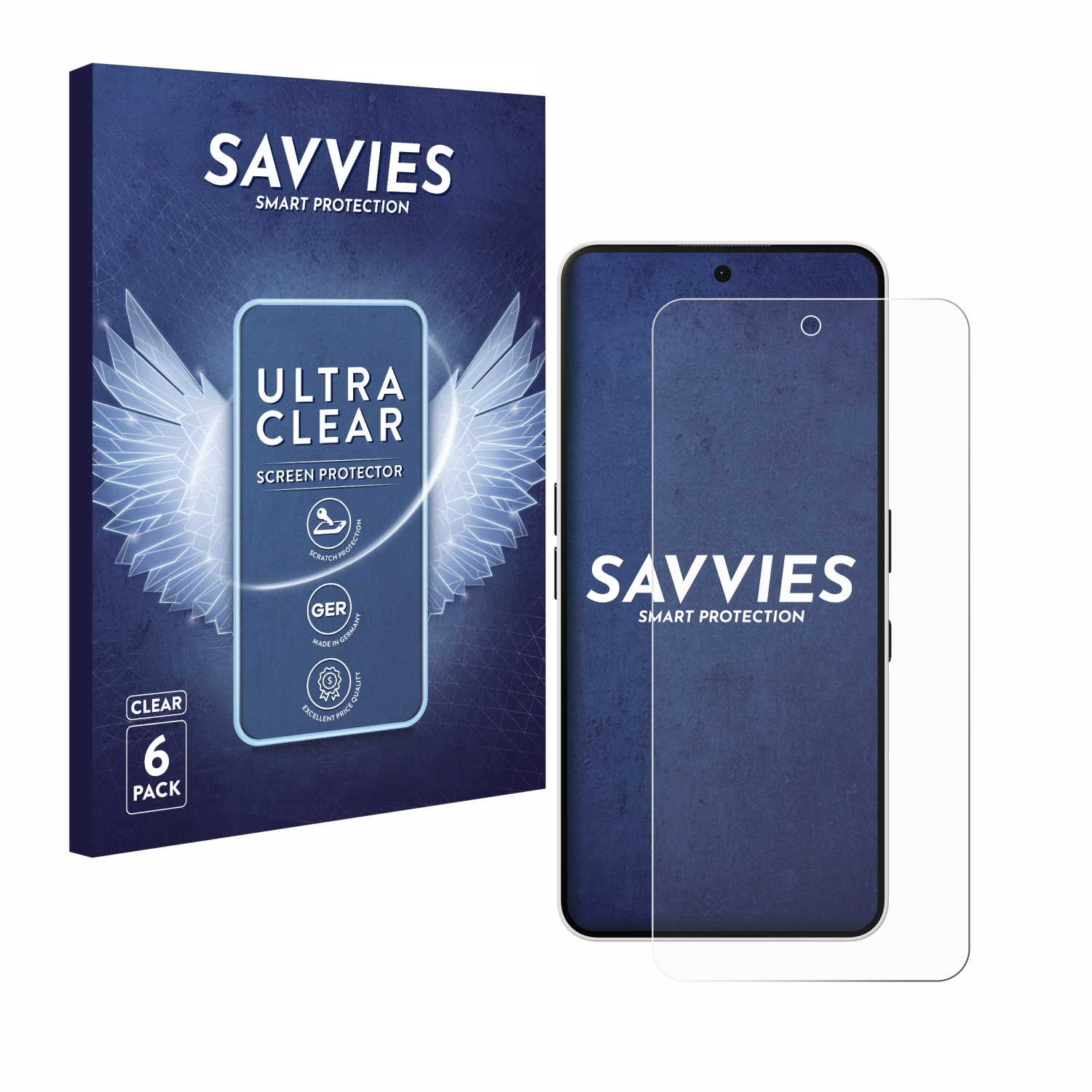 Ein Telefon mit Displayschutzfolie. Der Schutz ist klar, die Box sagt 'Ultra Clear'.