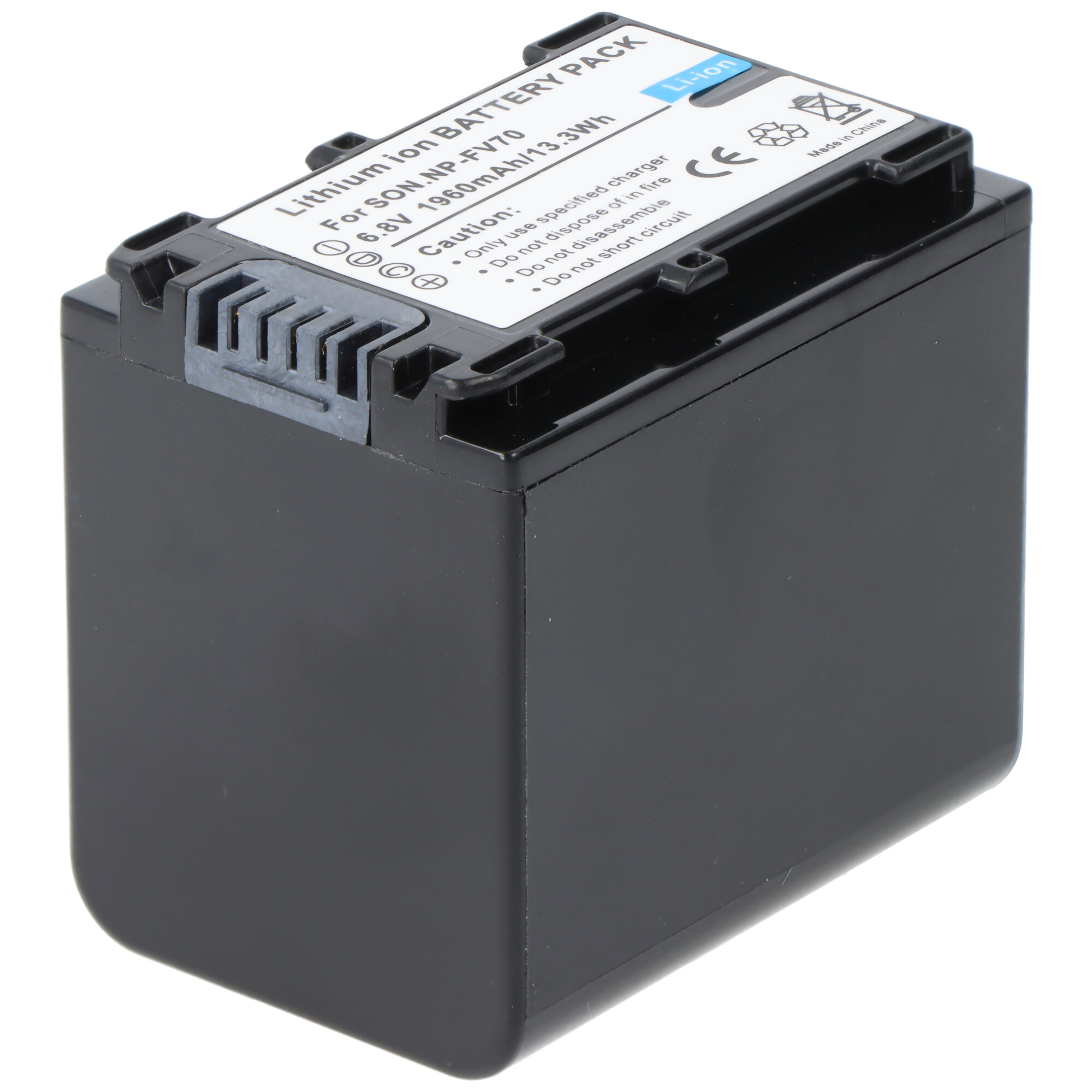 Schwarzer Akku mit Etikett für Sony NP-FV70. Enthält Warnungen und technische Informationen.