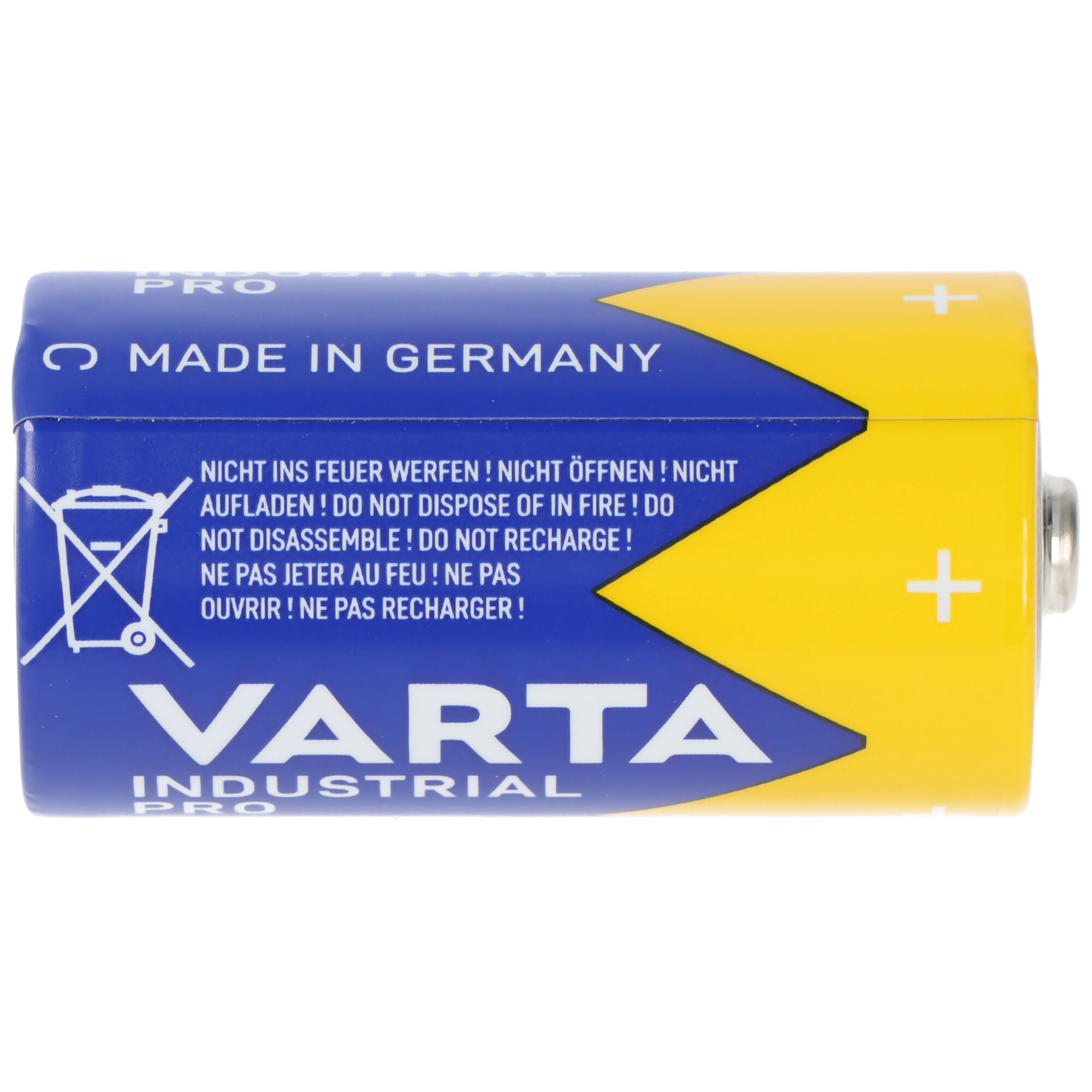 Eine Varta Industrial Pro Batterie mit Sicherheitshinweisen auf weißem Hintergrund.