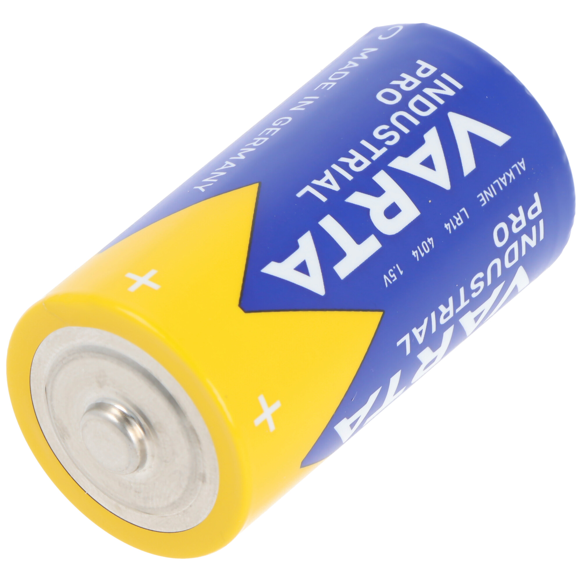 Eine blau-gelbe VARTA PRO INDUSTRIAL Batterie. Text auf der Batterie weist auf Typ und Spezifikationen hin.