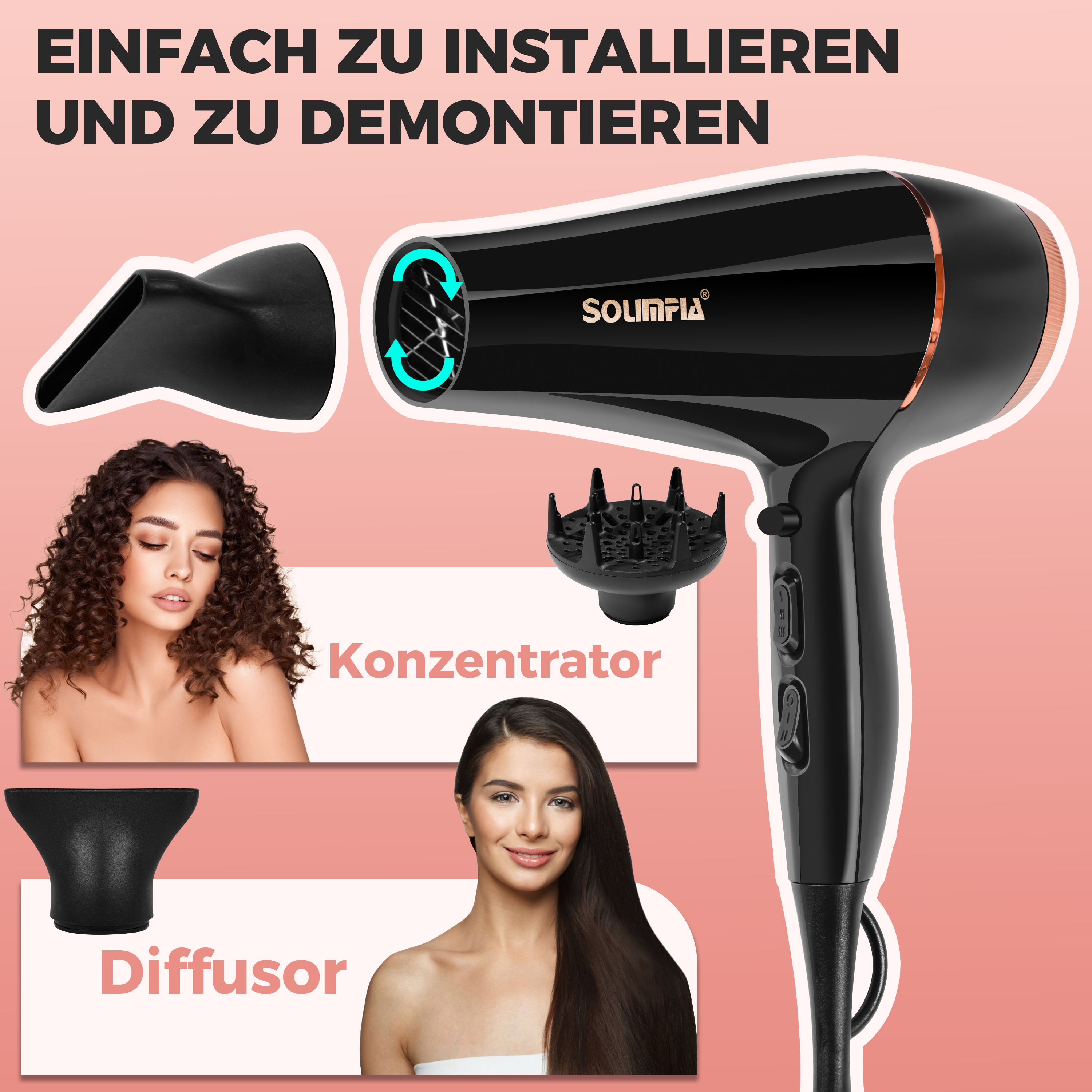 Ein schwarzer Haartrockner mit Aufsätzen und zwei Frauen, die Beispiele für Frisuren zeigen.