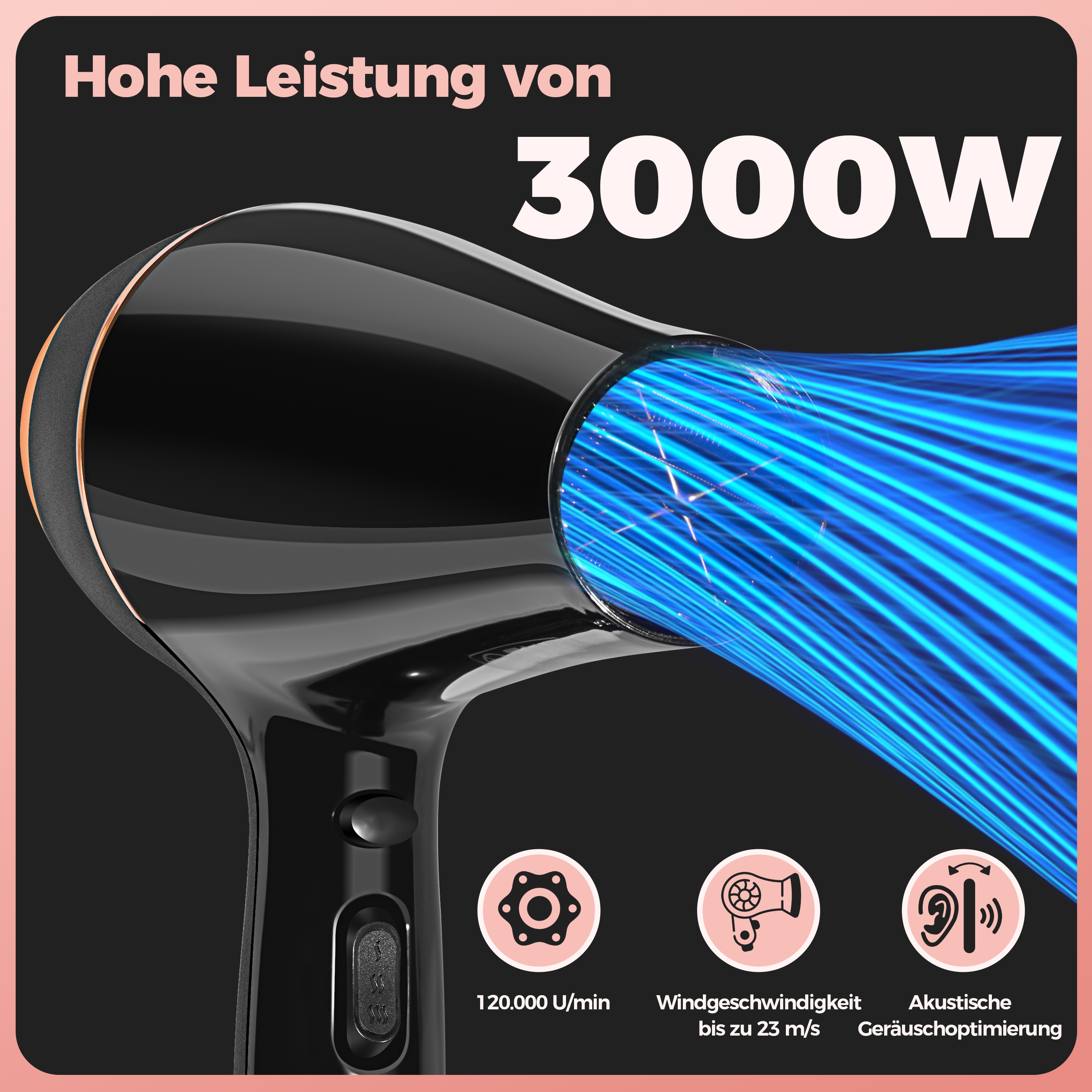 Schwarzer Haartrockner mit goldenen Zierleisten. Text lautet 'Hohe Leistung von 3000W' und Symbole für Geschwindigkeit und Geräusch.