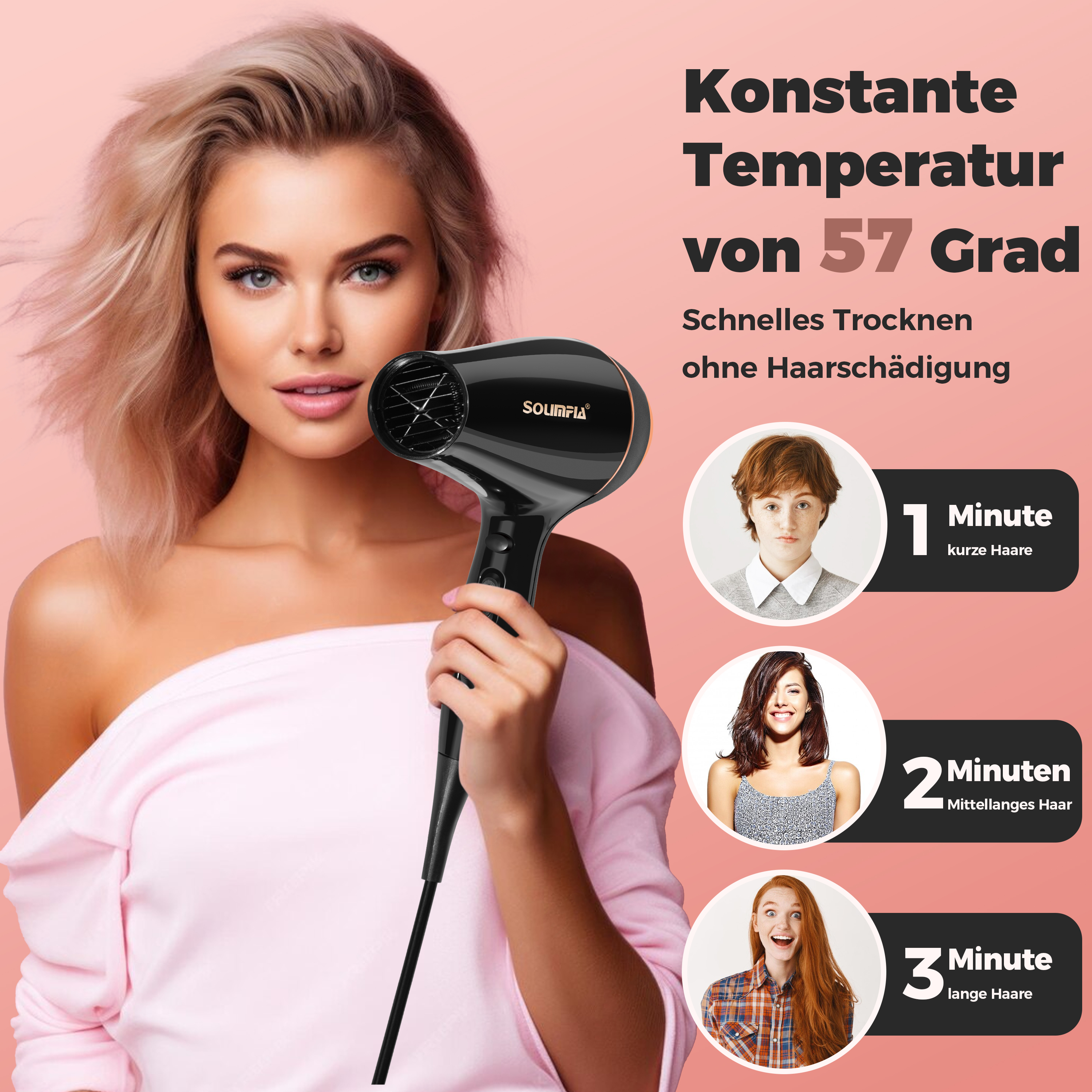 Frau hält schwarzen Haartrockner. Haarlänge mal Minuten.