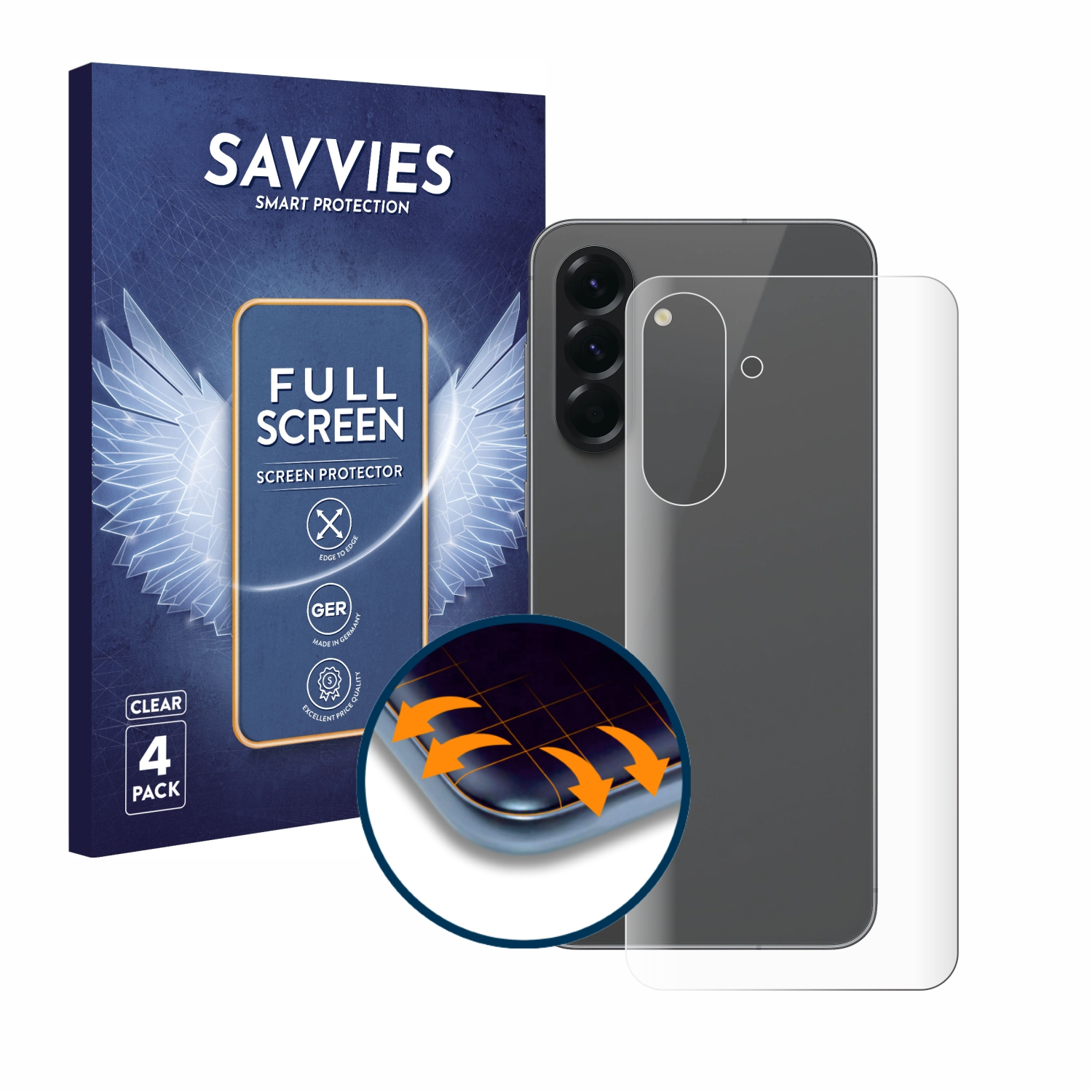 Telefon mit klarem Displayschutz und Verpackung. Pfeile zeigen den Anwendungsprozess des Schutzes an.