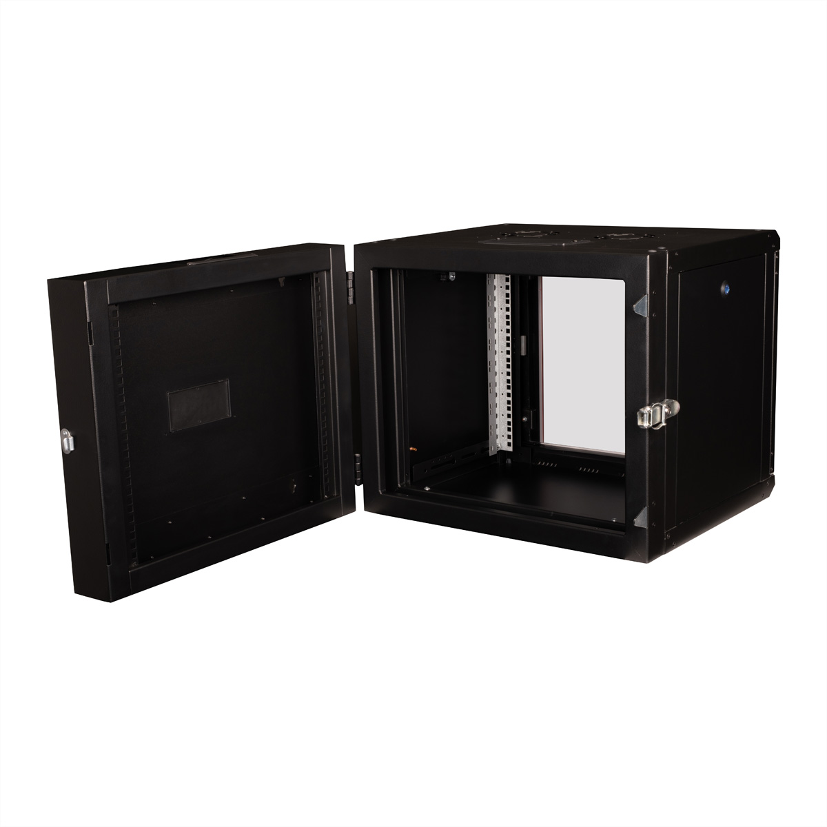 Armadio rack nero con porte aperte. Una porta è completamente aperta. Interno bianco.