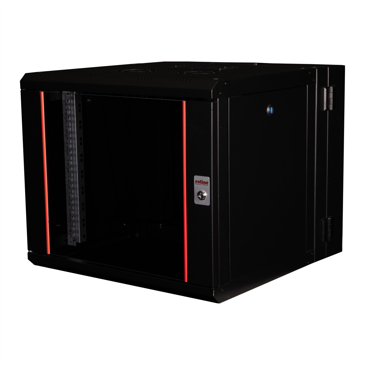 Rack server nero con porta in vetro, dettagli rossi e logo reline sulla porta.