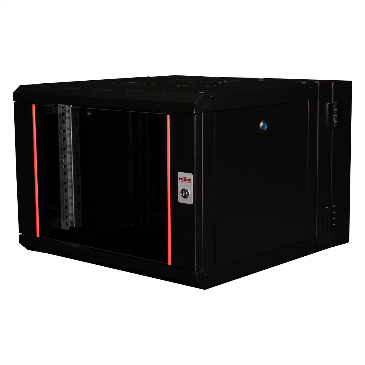 Un rack server nero con porta anteriore e pannelli laterali, che mostra un logo roline.