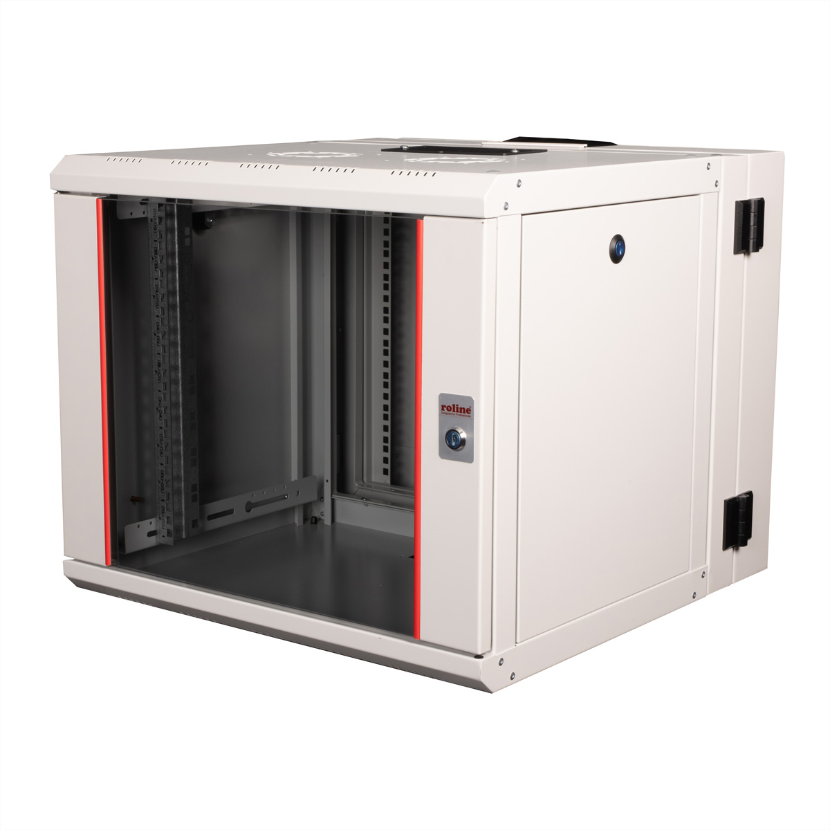 Un rack server bianco con la porta socchiusa, che mostra la struttura interna.