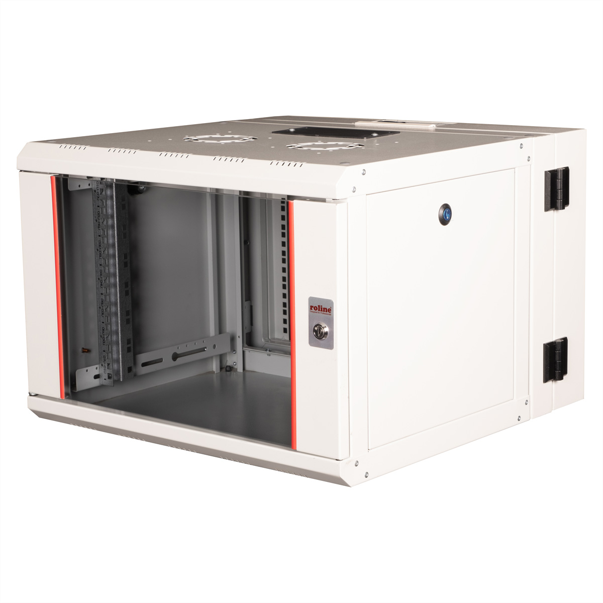 Un rack server bianco, aperto, con accenti rossi, che mostra le guide di montaggio interne.