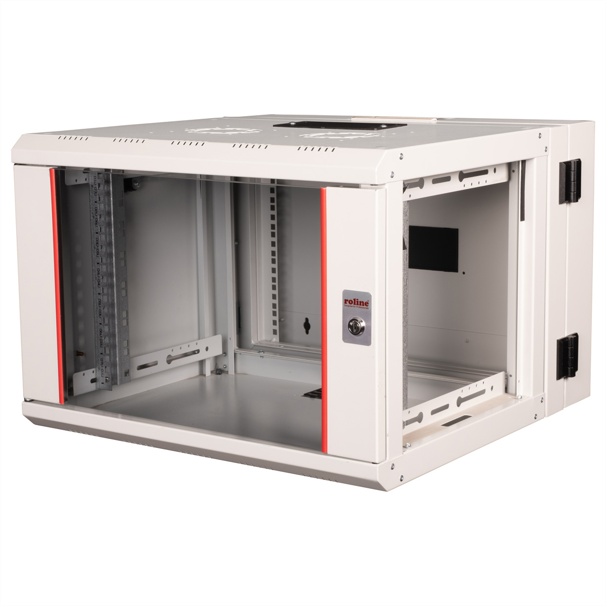 Armadio rack aperto bianco con dettagli rossi.
