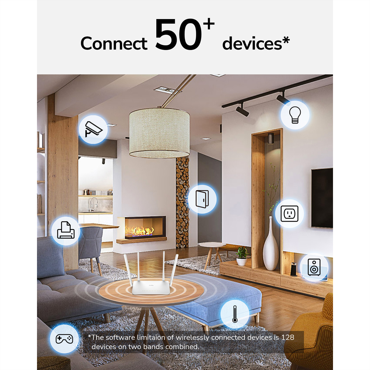 Een witte router met antennes in een moderne kamer. De afbeelding toont aangesloten apparaten en smart home artikelen.