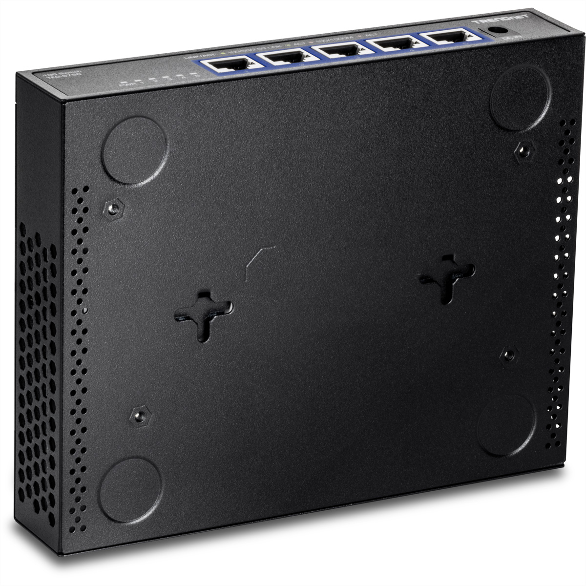 Czarny przełącznik sieciowy z kilkoma portami i otworami montażowymi na dole.