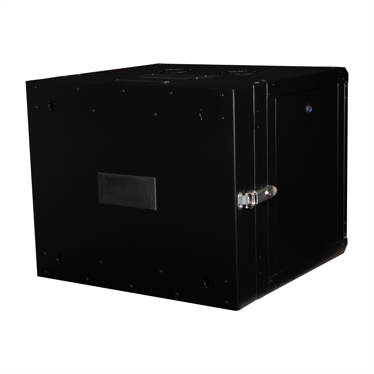 Armadio rack nero con chiusura e ventola rettangolare frontale.