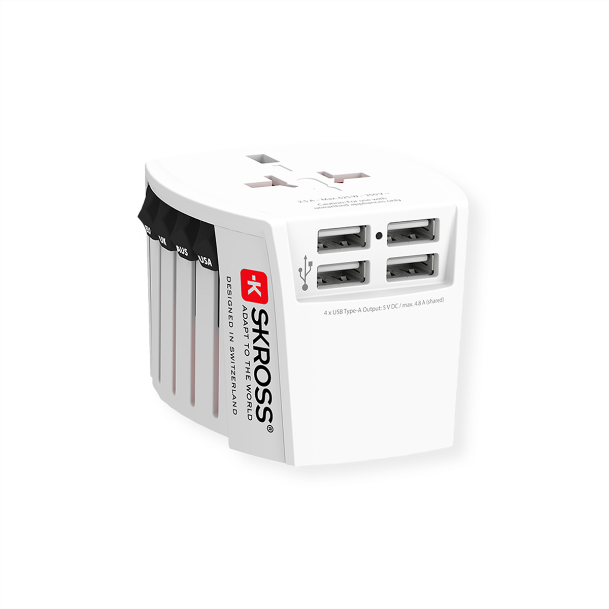 Weißer und schwarzer Adapter. Entworfen in der Schweiz mit vier USB-Anschlüssen.