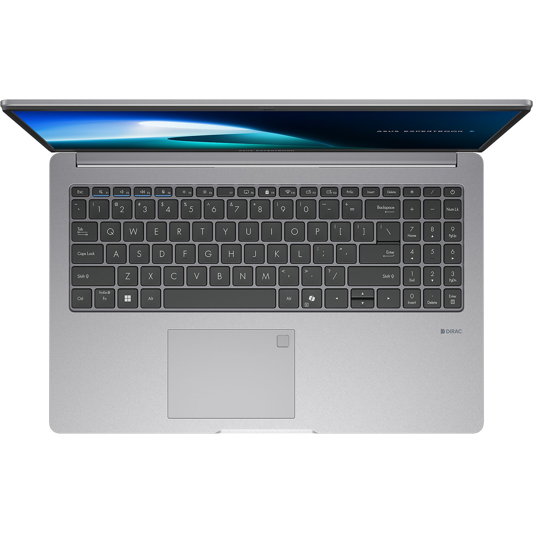 Laptop, vista dall'alto. Corpo grigio, tastiera nera, touchpad al centro, schermo acceso.