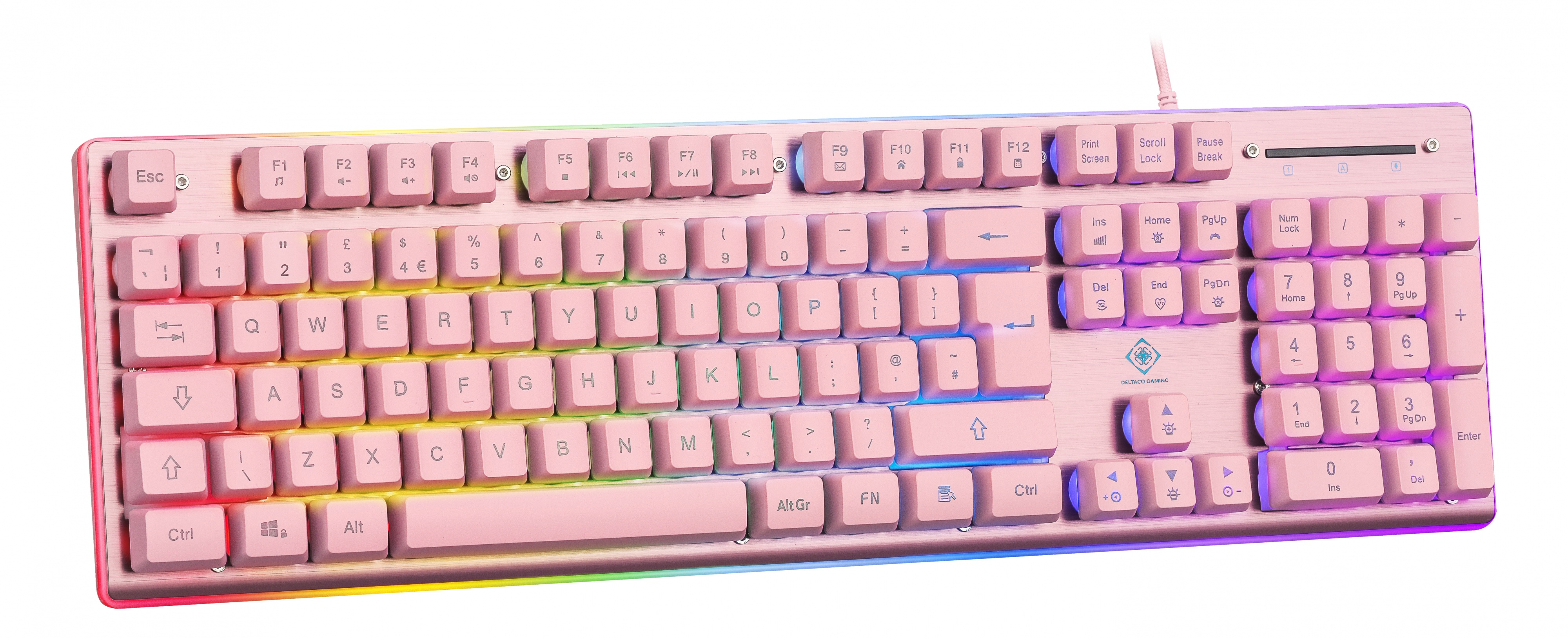Pink mechanical keyboard with multiple keys and a rainbow backlight.