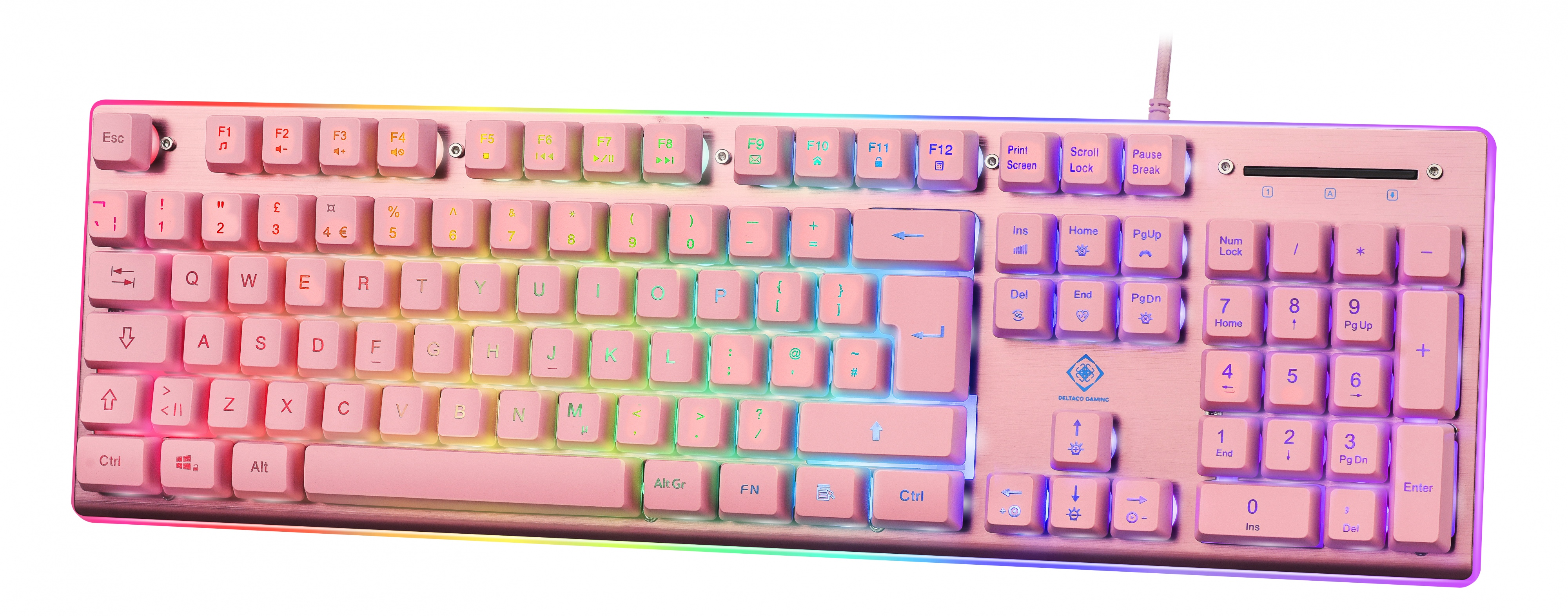 A pink mechanical keyboard with rainbow lighting, top view.