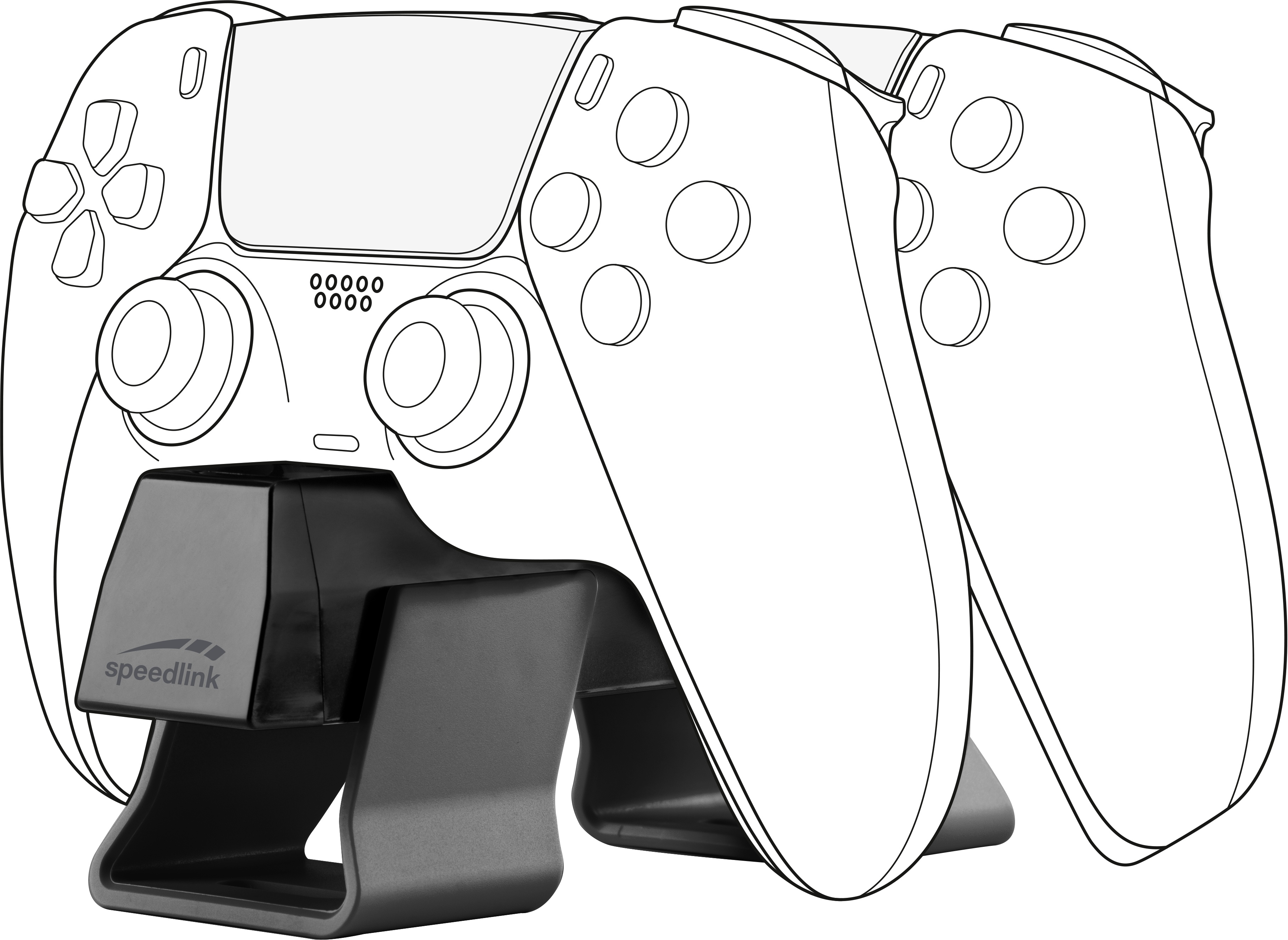 Black game controller charger stand. Two controllers are on the stand.