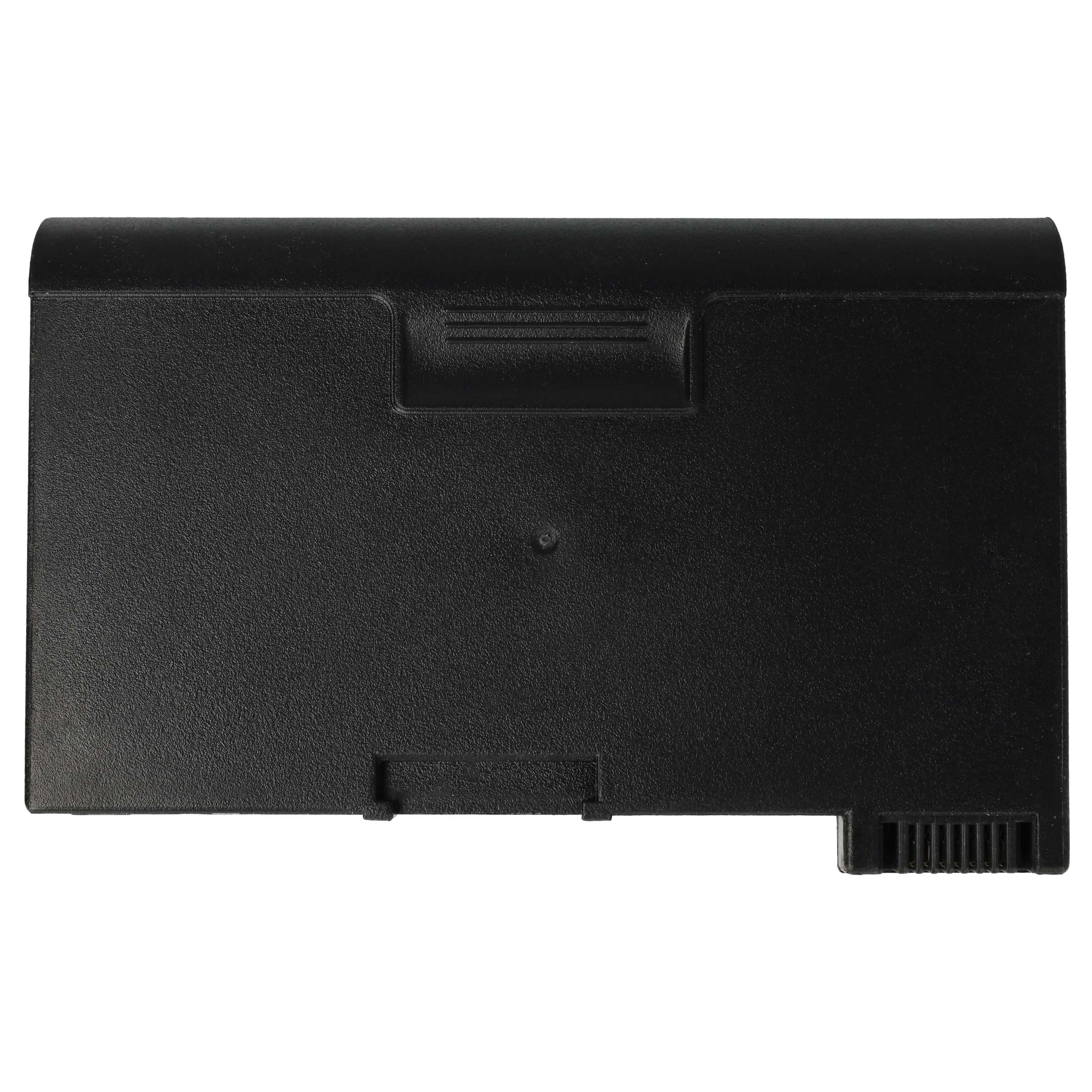Ein schwarzer Laptop-Akku. Es hat eine rechteckige Form und einen kleinen Anschluss an der Unterseite.